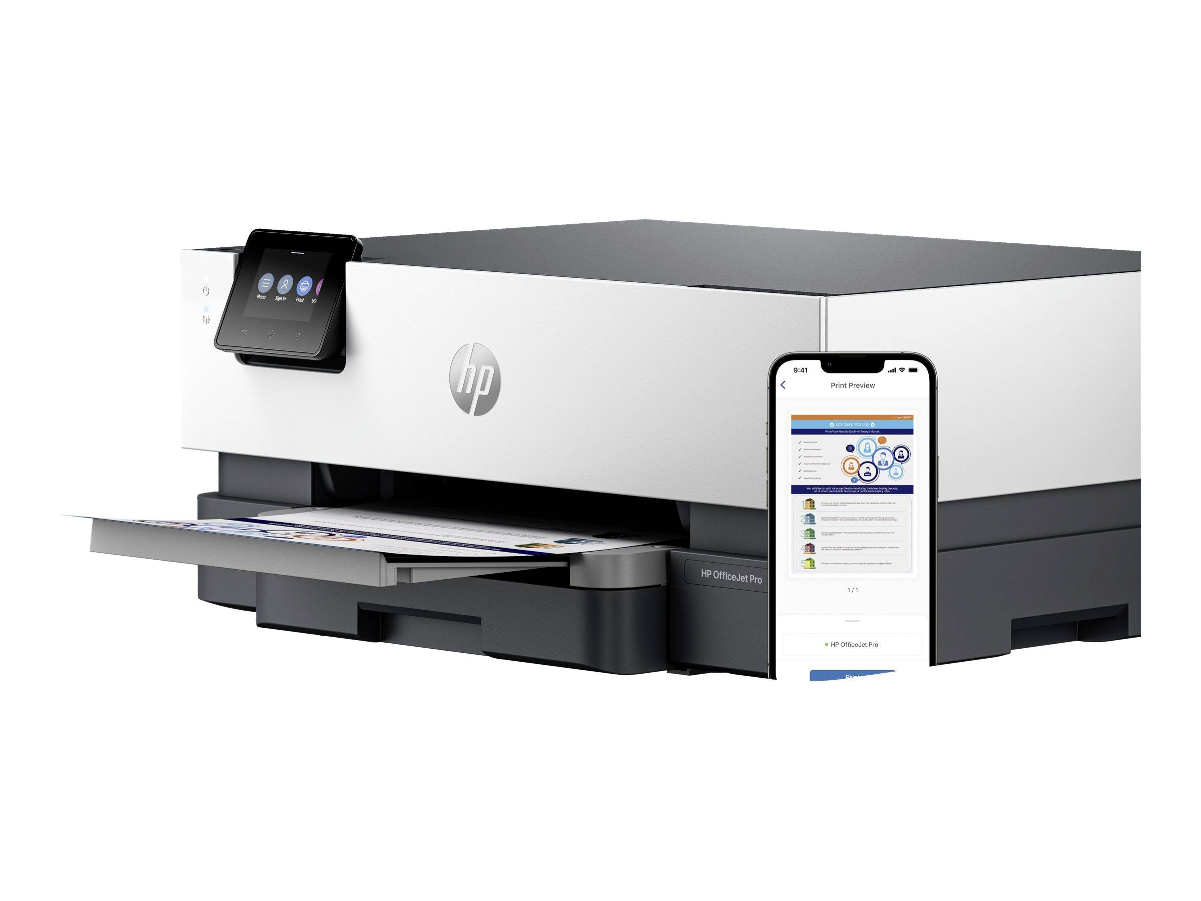 Drucker mit Smartphone zeigt kabelloses Drucken; Display zeigt Optionen. Drucker führt Farbdokument aus. Moderne Büroeinrichtung.