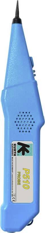 Blauer Spannungsprüfer P510 mit schwarzer Spitze, seitlich sichtbares Etikett mit Produktinformationen.