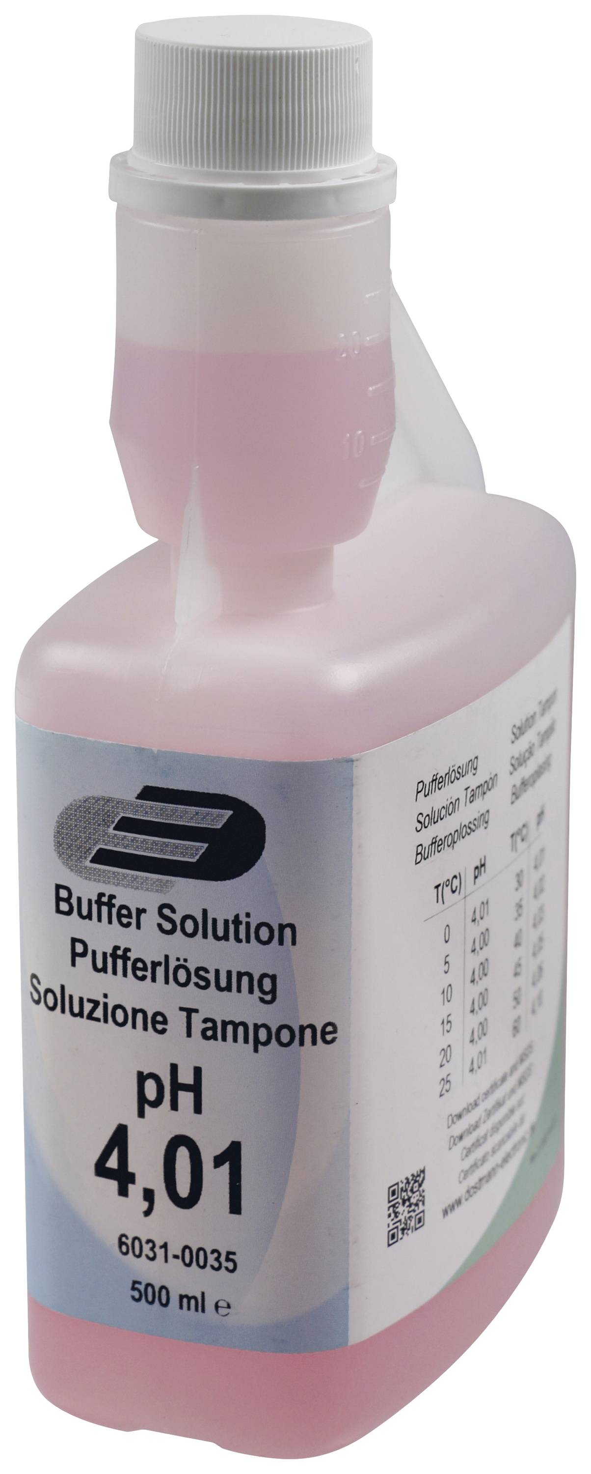 Eine Flasche mit rosa Pufferlösung, pH-Wert 4,01, Volumen 500 ml. Etikett zeigt Messwerte in drei Sprachen: Englisch, Deutsch, Italienisch.