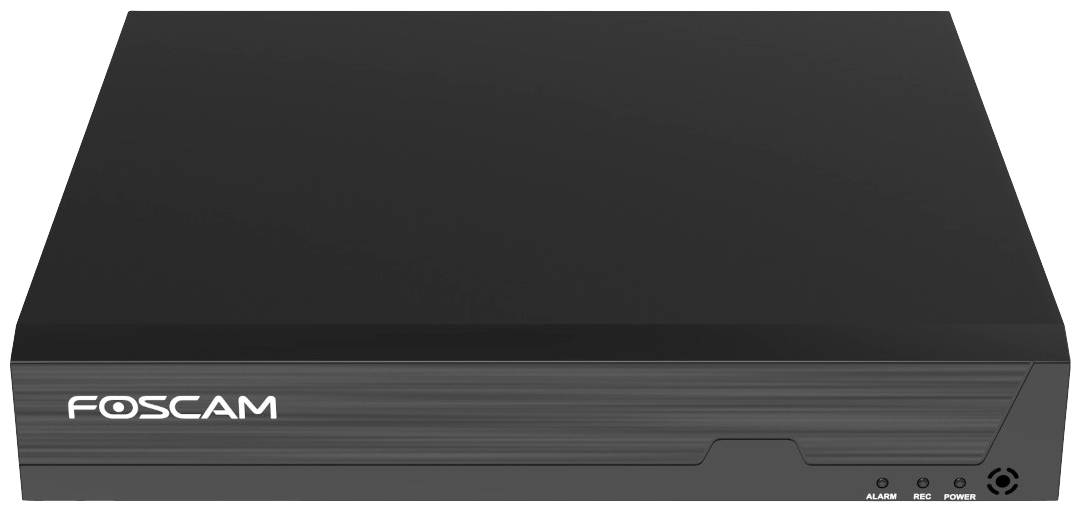 Ein schwarzer Foscam-Digitalrekorder mit Logo auf der Vorderseite. Enthält Bedienelemente für Alarm, Aufnahme und Stromstatus.