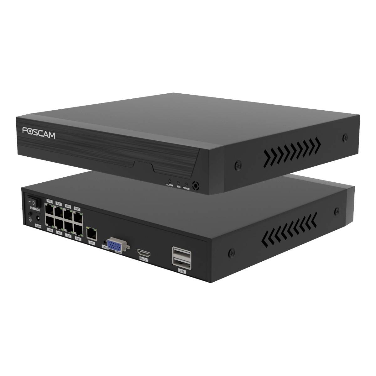 Ein elektronisches Netzwerkgerät mit mehreren Ethernet-Ports, VGA-Ausgang und USB-Anschlüssen, geeignet für Überwachungszwecke.