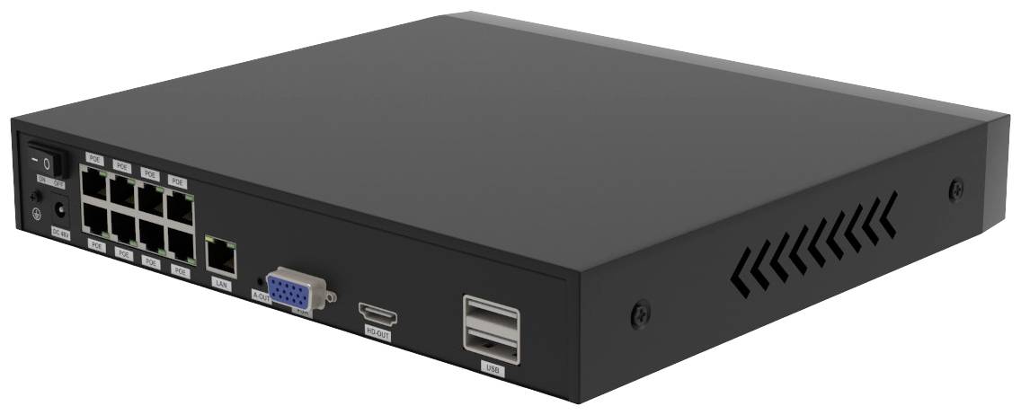 Ein schwarzer Netzwerk-Switch mit mehreren Ethernet-Anschlüssen, VGA-Port, HDMI-Port und zwei USB-Anschlüssen auf einer Seite.