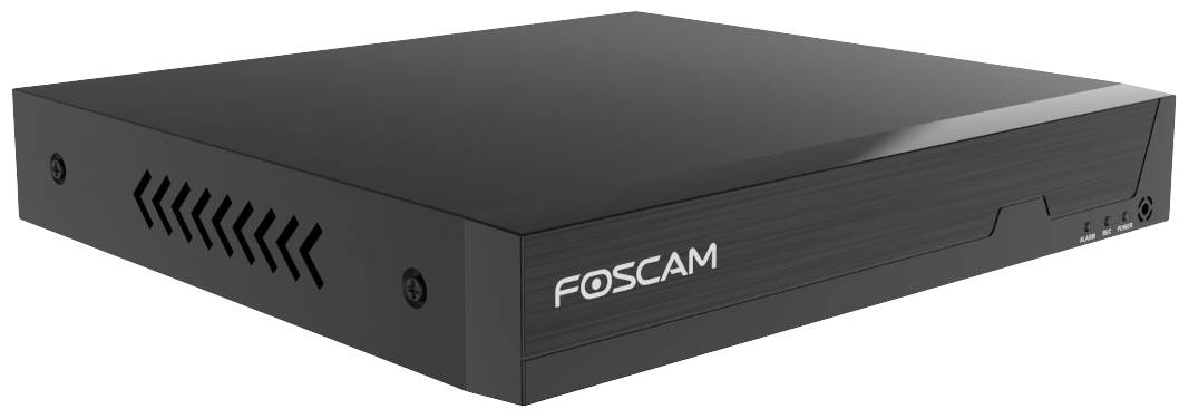 Ein schwarzer Foscam-Überwachungsrecorder mit Lüftungsschlitzen an der Seite, geeignet für den Einsatz in Sicherheitssystemen.