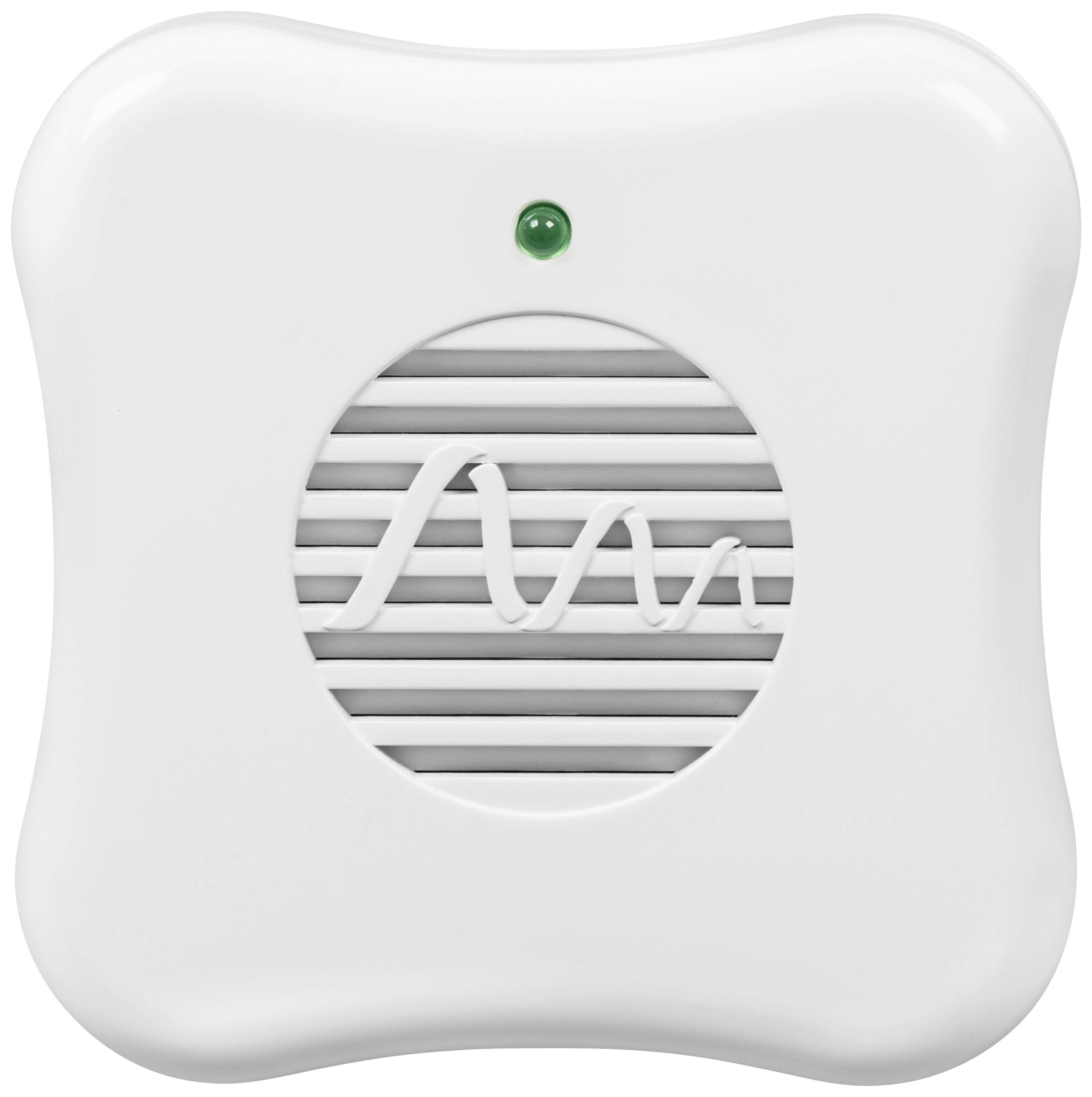 Ein quadratischer, weißer Rauchmelder mit abgerundeten Ecken und grünem Licht in der Mitte. Lüftungsschlitze und Wellenlogo auf der Front.