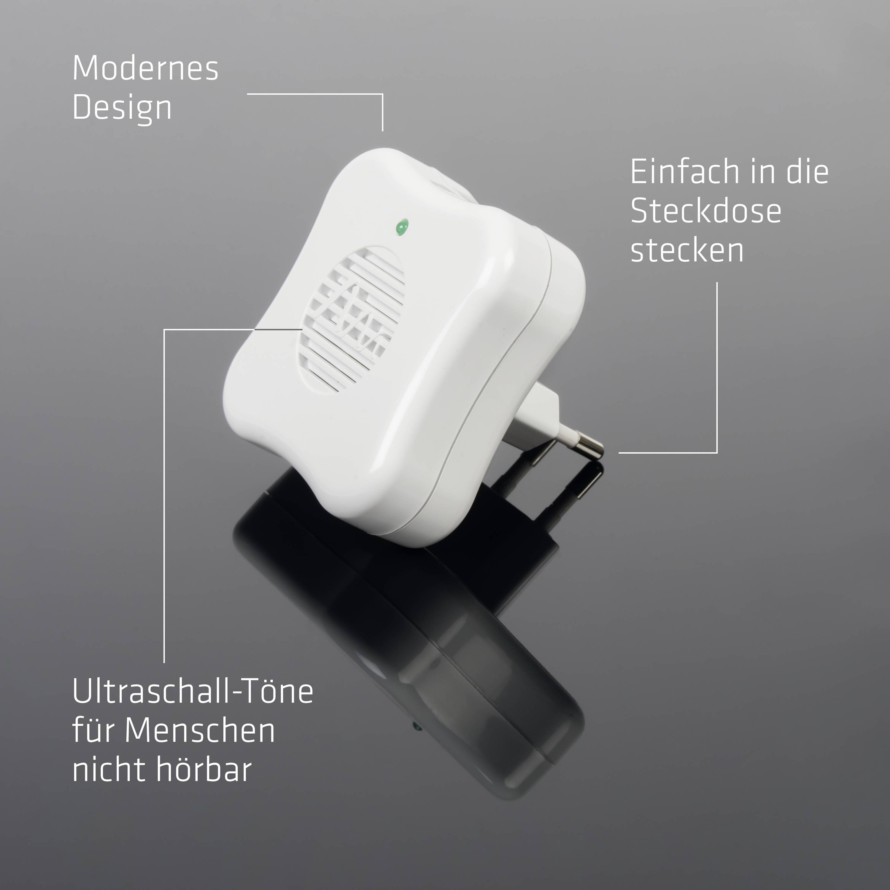 Ein weißes Ultraschallgerät zum Schutz vor Insekten mit zwei Steckern. Es hat ein modernes Design und gibt für Menschen unhörbare Töne ab.
