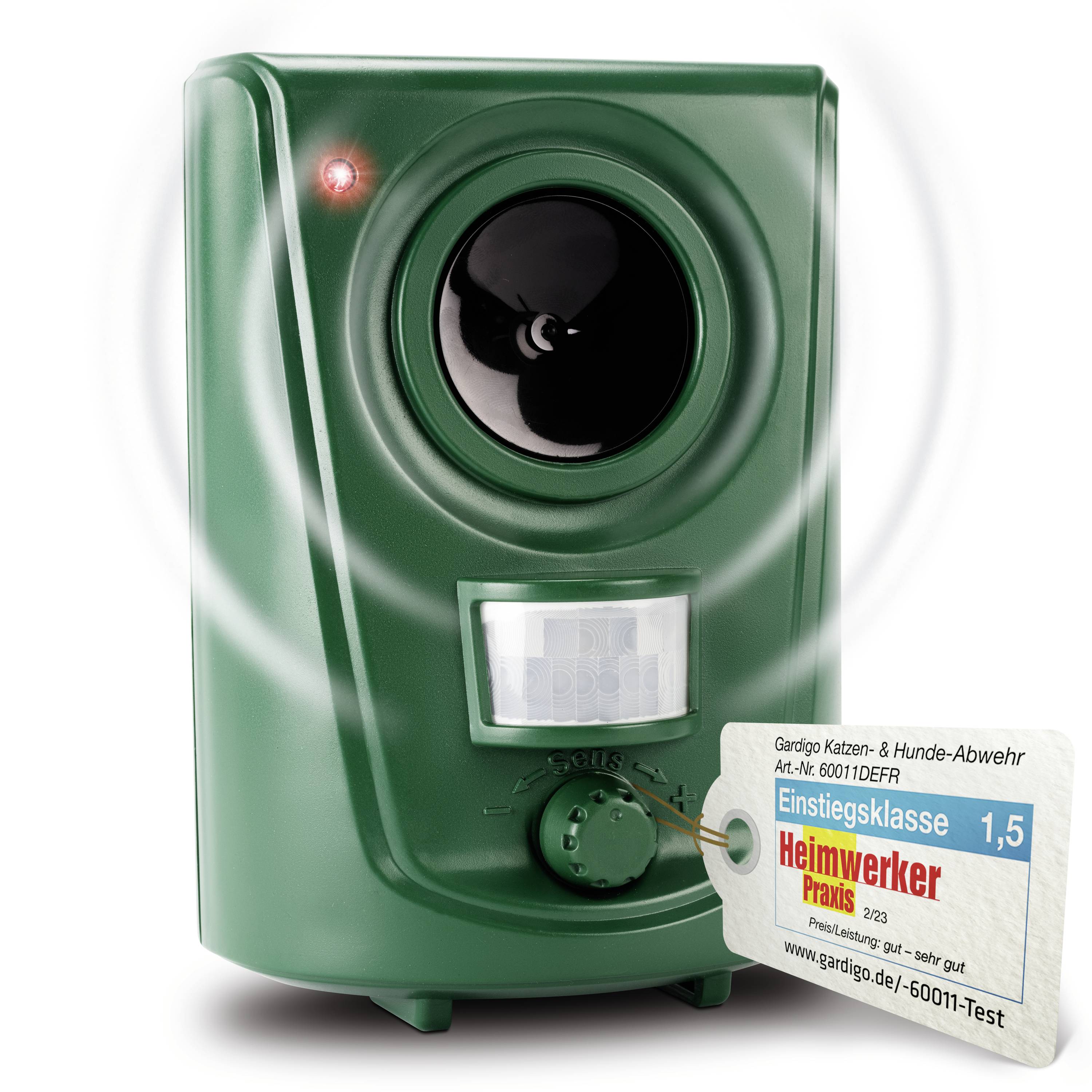 Ein grünes elektronisches Abwehrgerät mit Ultraschallfunktion und einem Sensor vorne, ausgezeichnet mit 'Heimwerker Praxis 1,5'.