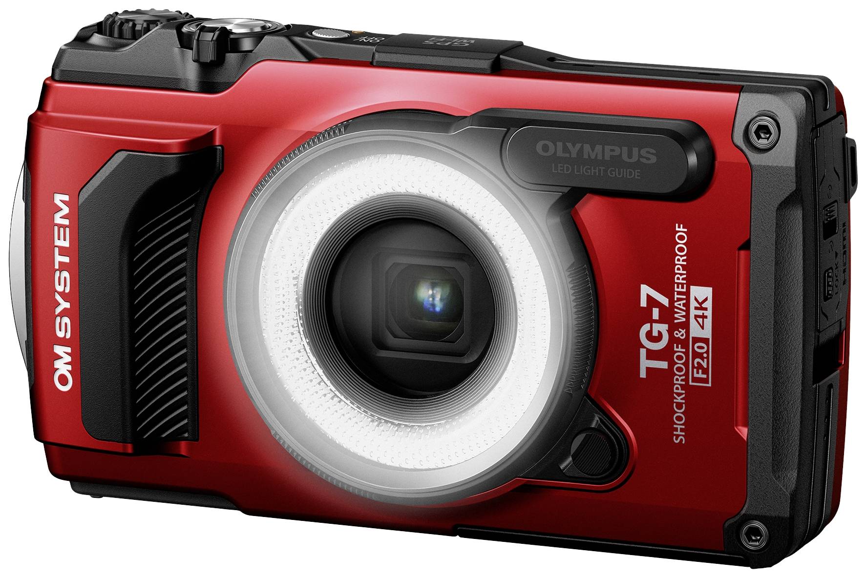 Rote Digitalkamera mit robustem Gehäuse, wasser- und stoßfest, Modell 'OM System TG-7' von Olympus, geeignet für Outdoor-Fotografie.
