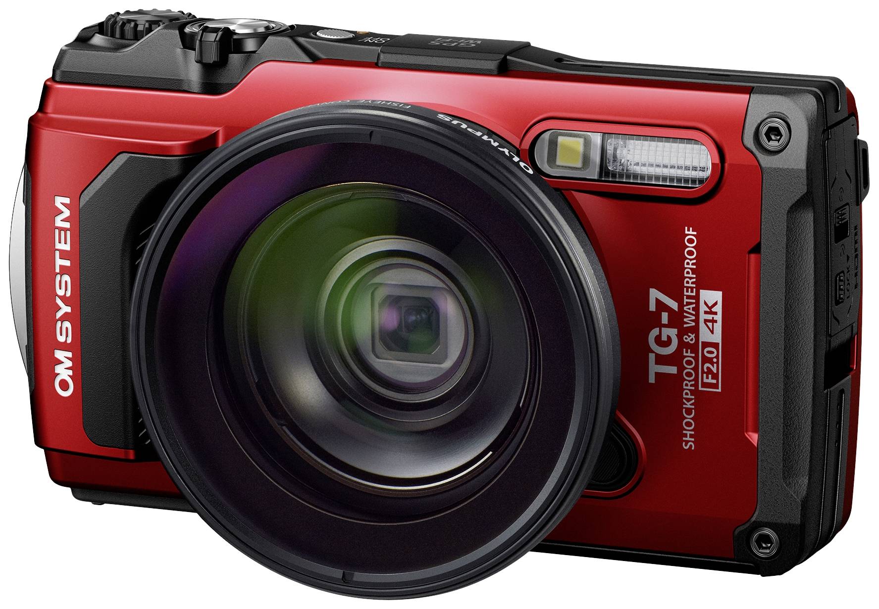 Eine rote, stoßfeste und wasserfeste Digitalkamera mit großem Objektiv, geeignet für 4K-Aufnahmen.