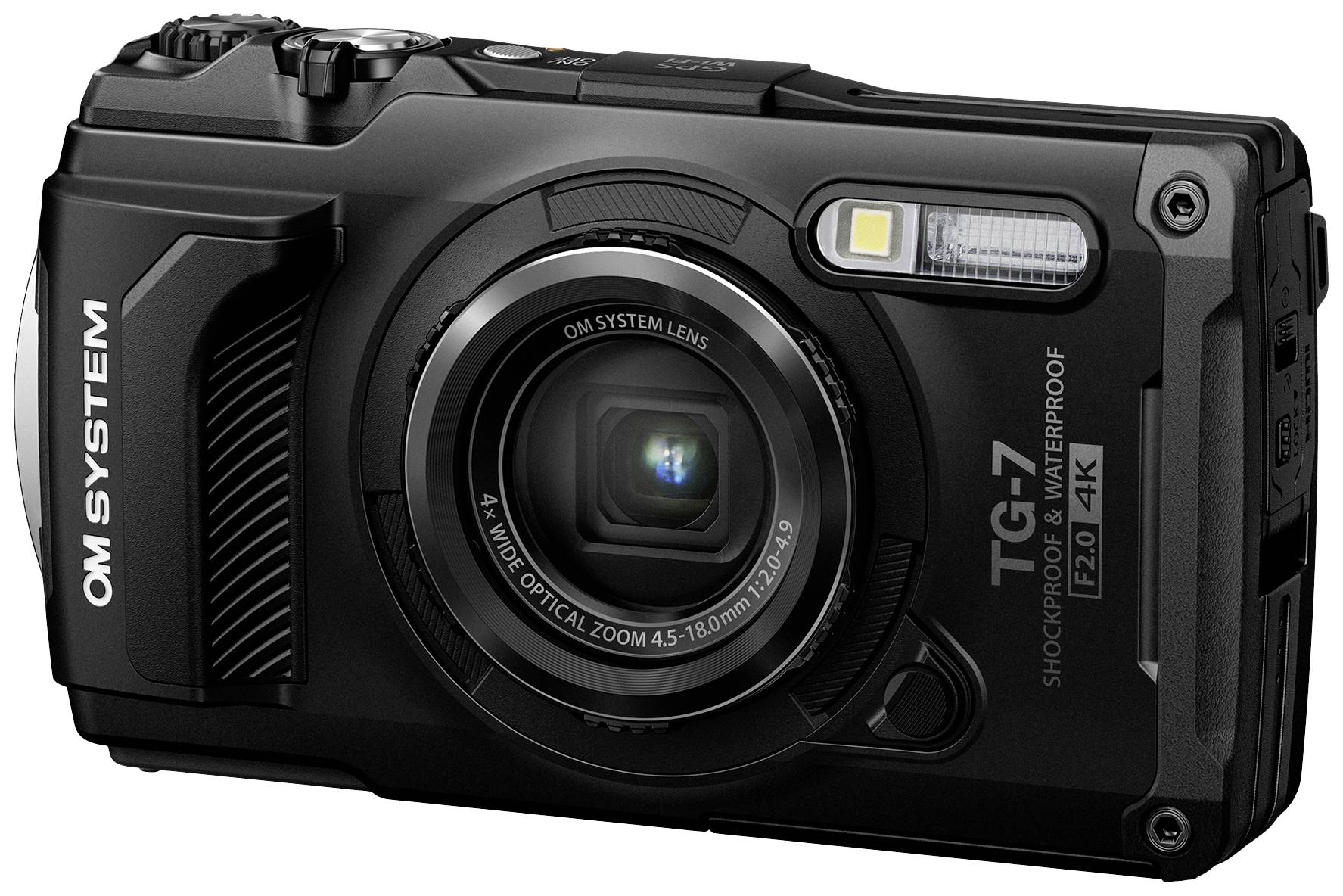 Eine schwarze Digitalkamera mit der Aufschrift 'OM System TG-7 Shockproof & Waterproof F2.0 4K' auf der Vorderseite.