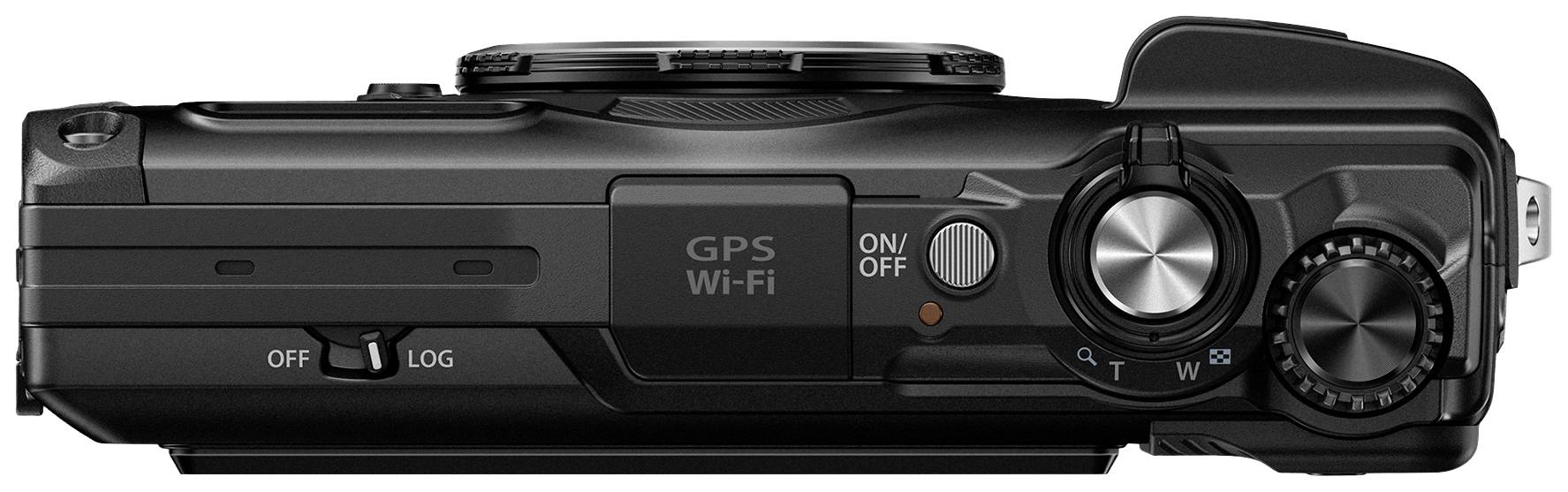Digitalkamera von oben betrachtet, zeigt Bedienelemente wie Ein/Aus-Schalter, Modus-Wahlrad und Tasten für GPS und Wi-Fi.
