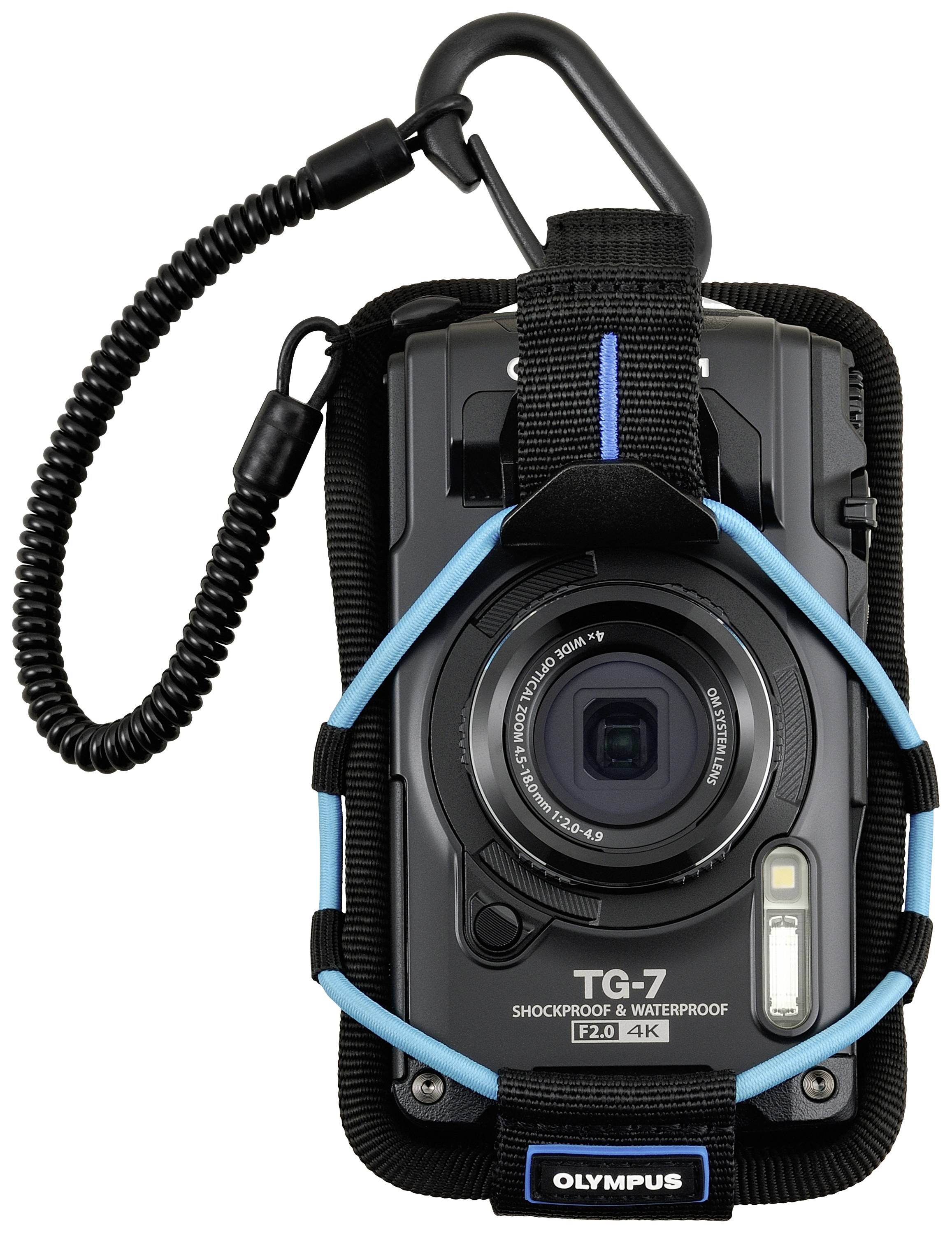 Olympus TG-7 Kamera in schützender Hülle, wasser- und stoßfest, mit 4K-Video und F2.0 Objektiv, ideal für Outdoor-Abenteuer.