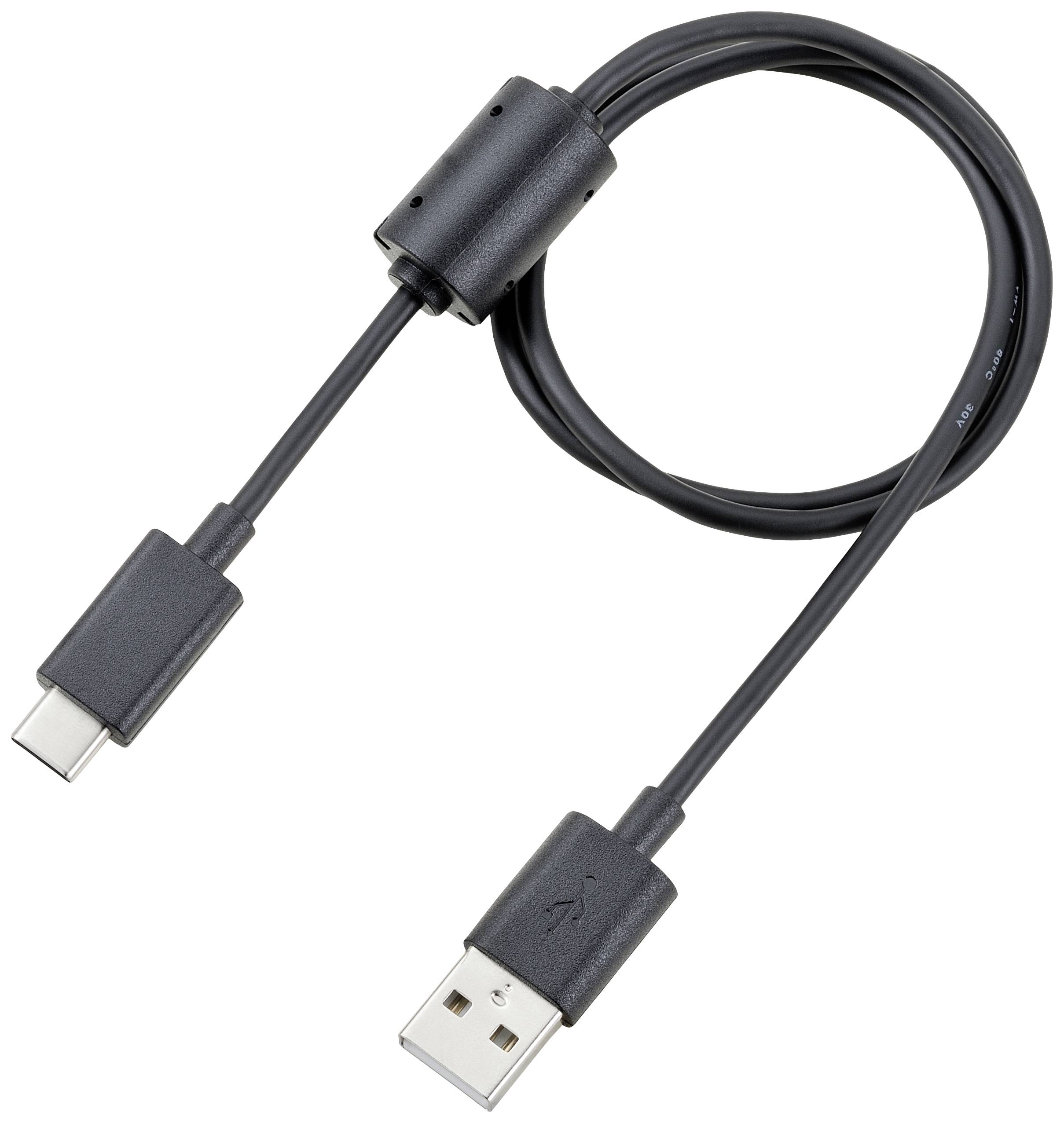 Ein schwarzes USB-Kabel mit einem USB-A-Stecker an einem Ende und einem USB-C-Stecker am anderen Ende.