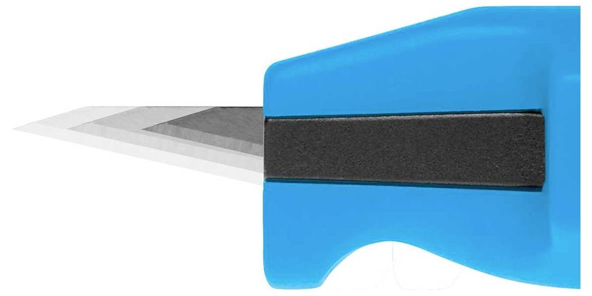 Ein blauer Cutter mit schwarzem Griff; die Klinge ist teilweise ausgefahren.