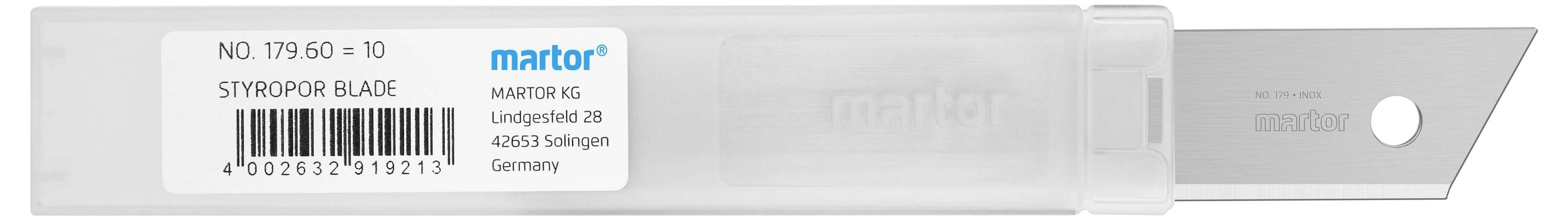 Verpackung mit einem Martor Styropor-Klinge, Artikelnummer 79.619.10, Herstellungsangaben, und Barcode sichtbar.