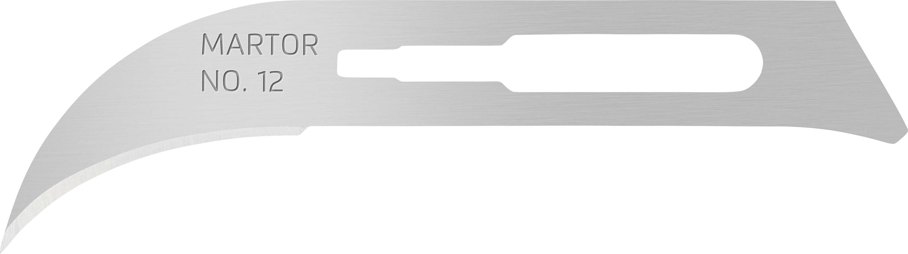 Ein silbernes Skalpell-Messer, mit der Aufschrift 'MARTOR NO. 12', zeigt sein gebogenes, scharfes Design und eine rechteckige Öffnung.