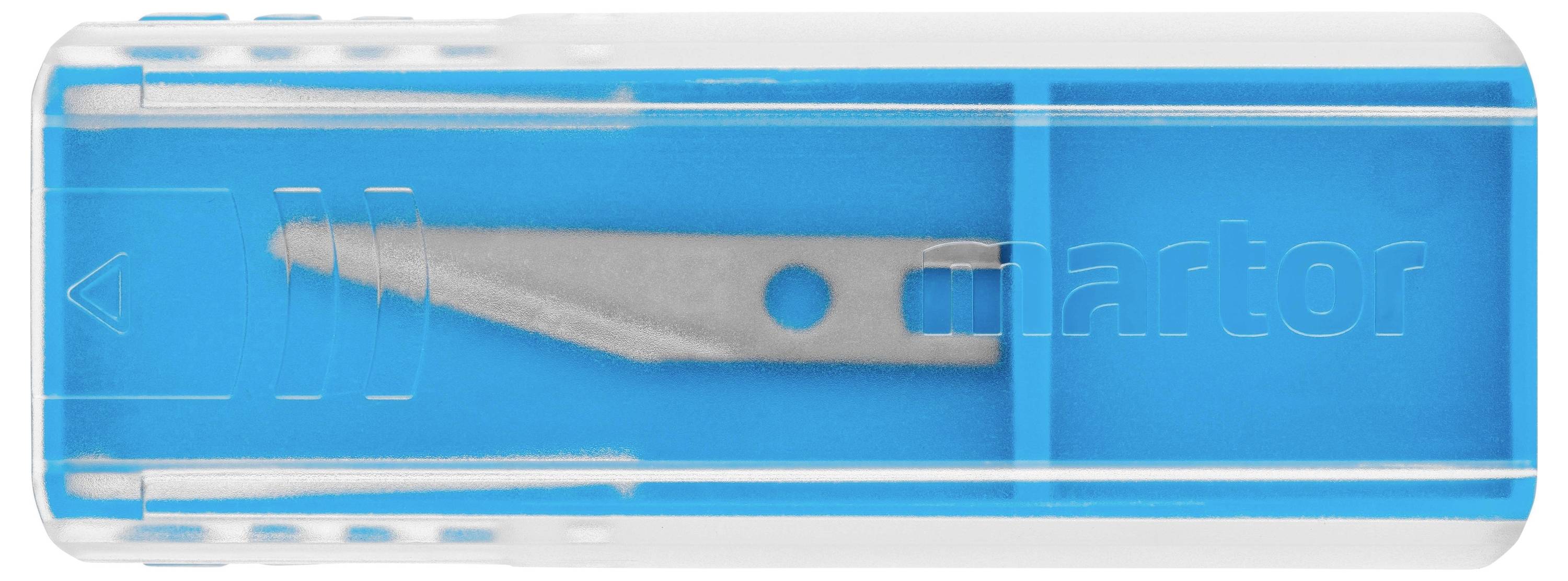 Ein blauer Behälter mit durchsichtigem Deckel, der eine silberne Klinge enthält.