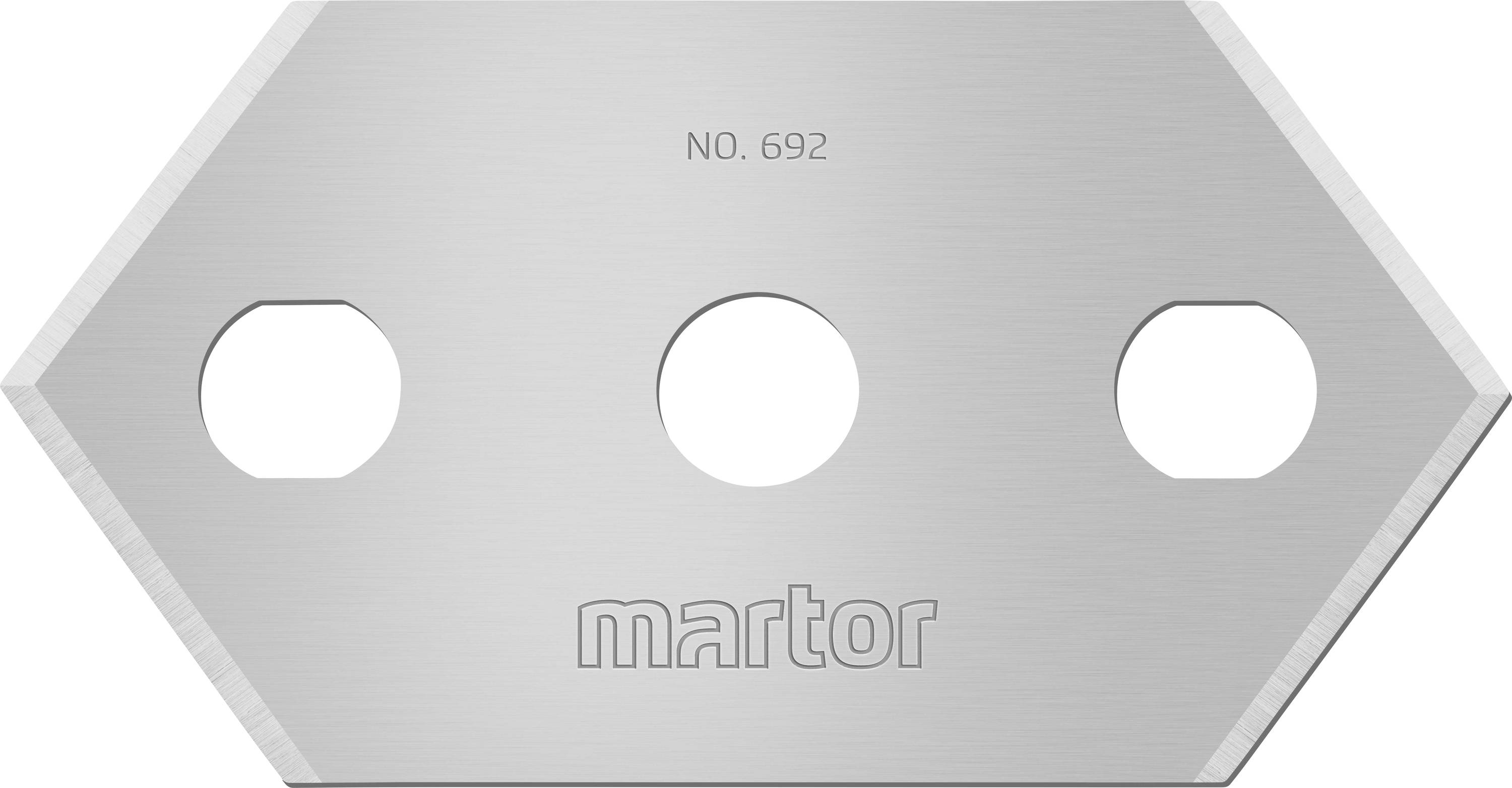 Ein sechseckiges Ersatzklingenmesser Nr. 692 von Martor mit drei runden Öffnungen.