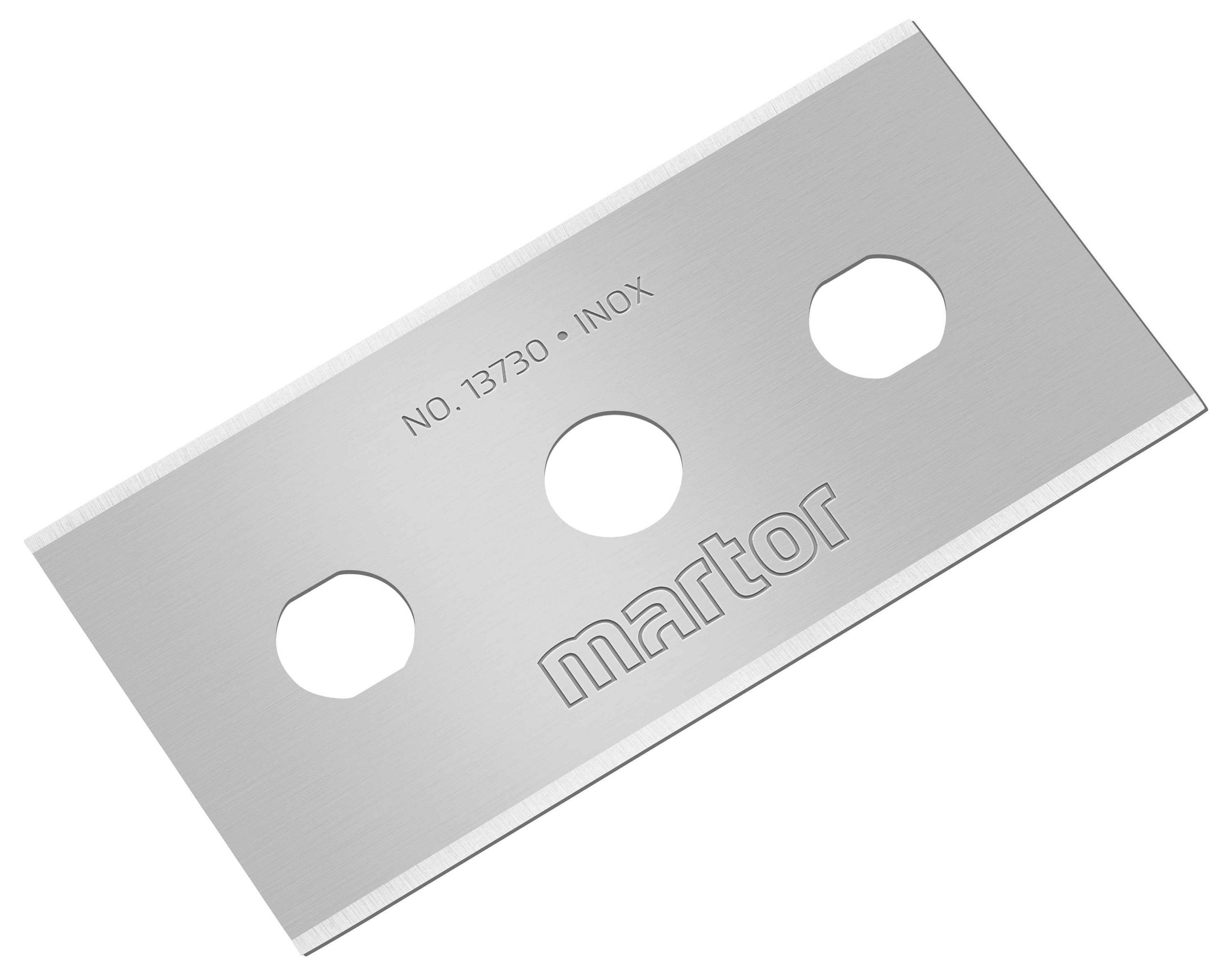 Abgebildet ist eine silberne Klinge mit drei runden Löchern und der Gravur 'MARTOR'.