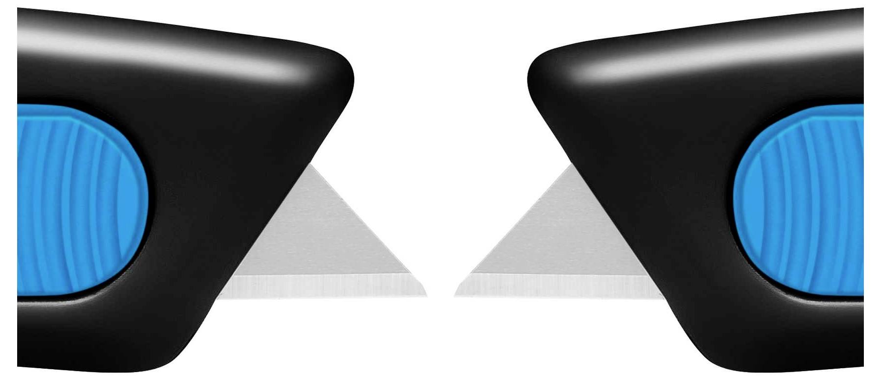Zwei Cutter-Messer in Schwarz mit blauen Elementen, die einander gegenüberliegen und spitze Klingen zeigen.