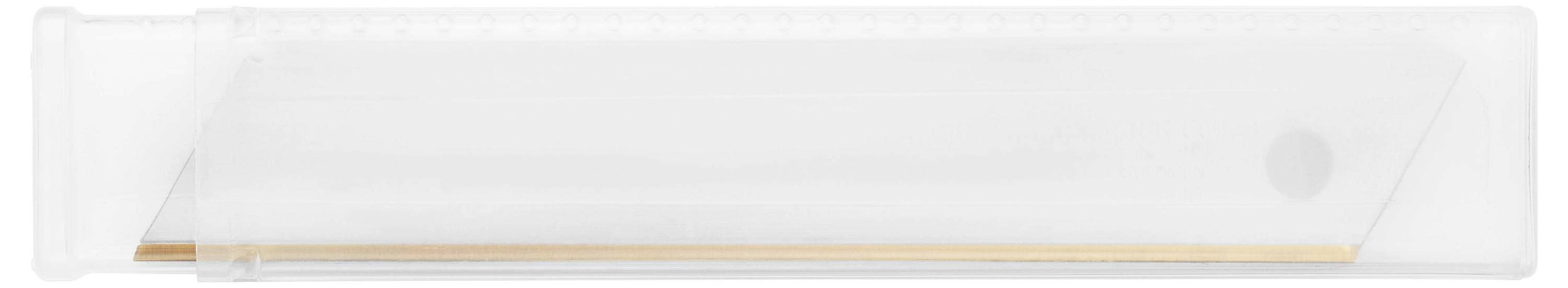 Ein durchsichtiger Plastikbehälter mit einem goldfarbenen Bleistift darin, auf rechteckiger Form, mit abgerundeten Ecken.