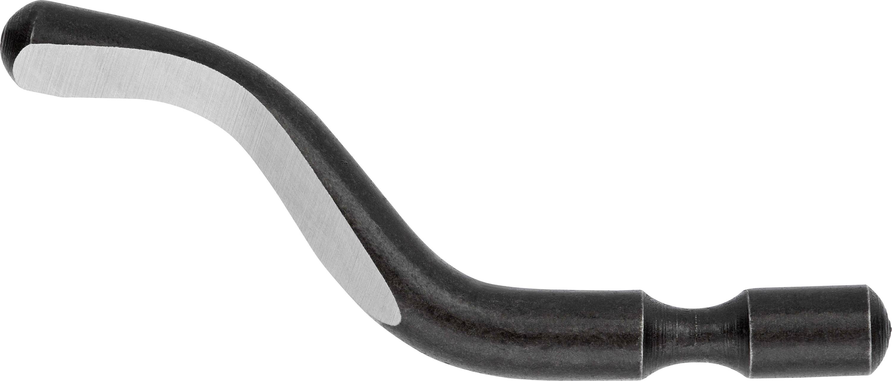 Ein schwarzer Haken-Werkzeug mit einer gebogenen Form und einer silbernen Kante, vermutlich für das Entgraten von Werkstoffen.