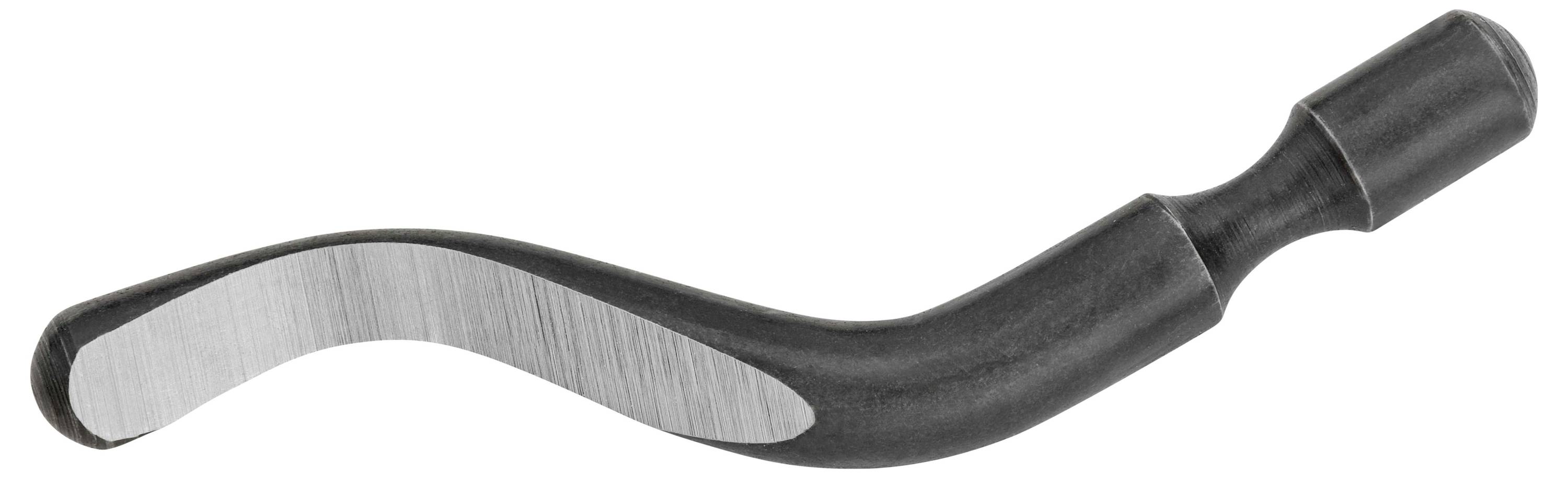 Ein schwarze, gebogene Entgratklinge mit scharfer Spitze, hauptsächlich zur Bearbeitung von Metall- oder Kunststoffkanten verwendet.