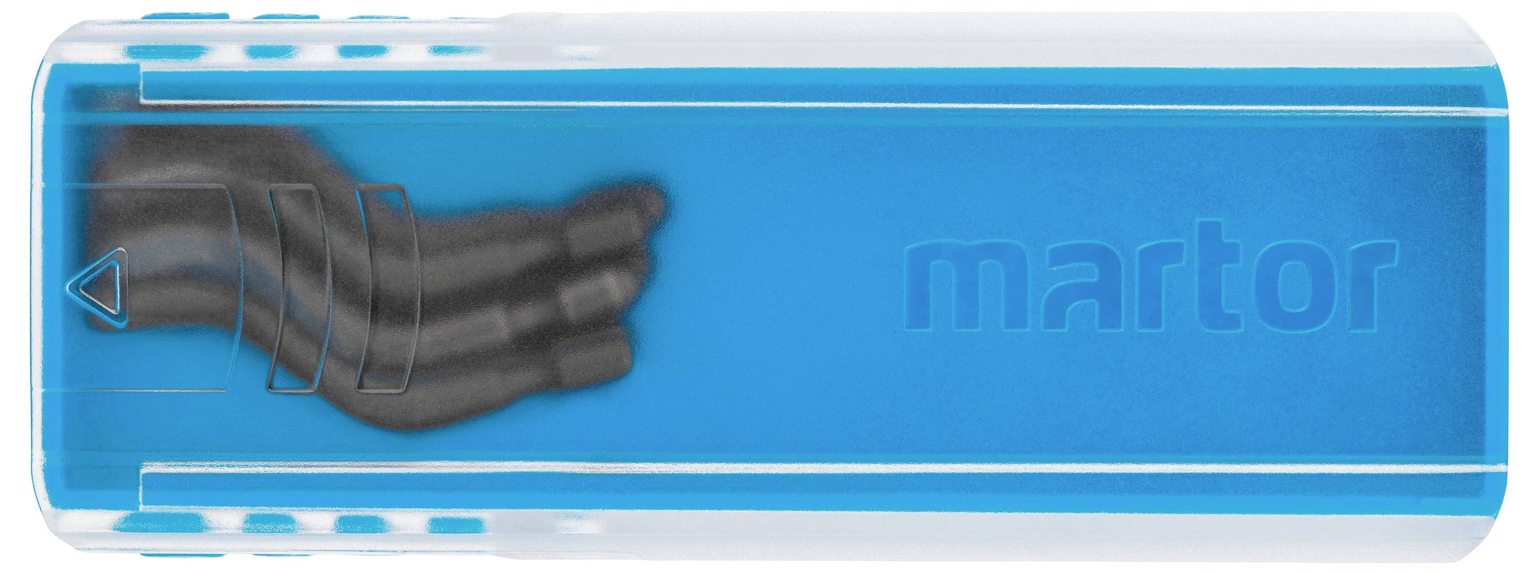 Ein blauer Sicherheitsklingenhalter mit schwarzem Schieberegler und eingraviertem 'martor'-Logo, vor weißem Hintergrund.