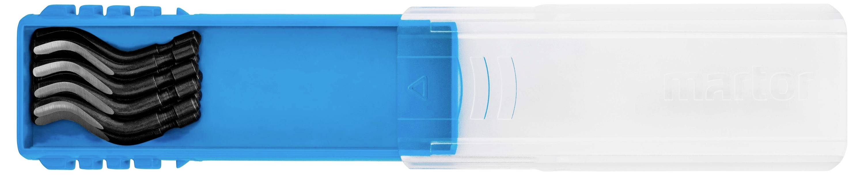 Blauer Radierstift mit vier schwarzen Näherungsmarken in einem transparenten Schutzgehäuse mit der Aufschrift 'Marto'.