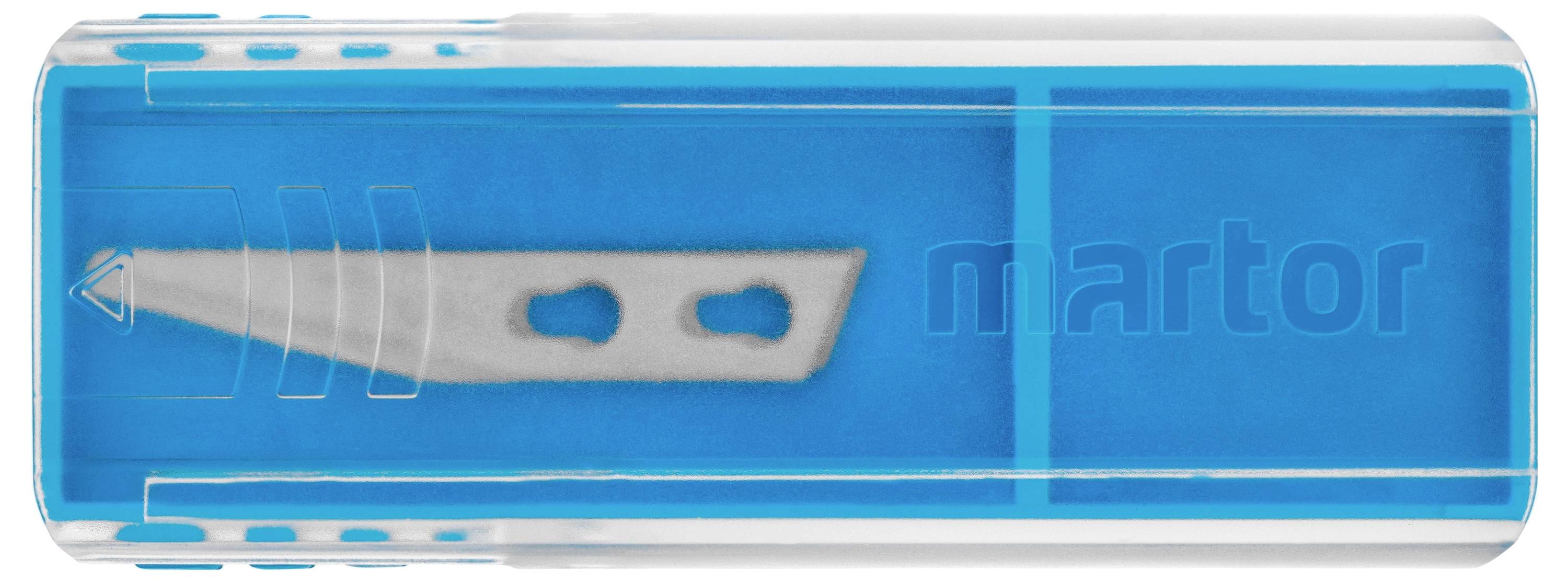 Blauer Kunststoffbehälter mit einem silbernen Cutter-Messer im Inneren.