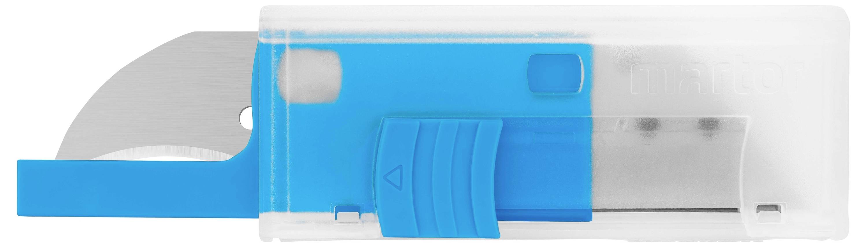 Ein blauer Sicherheitsmesser mit Schiebemechanismus, teilweise von einer transparenten Abdeckung umhüllt, zeigt eine herausragende Klinge.