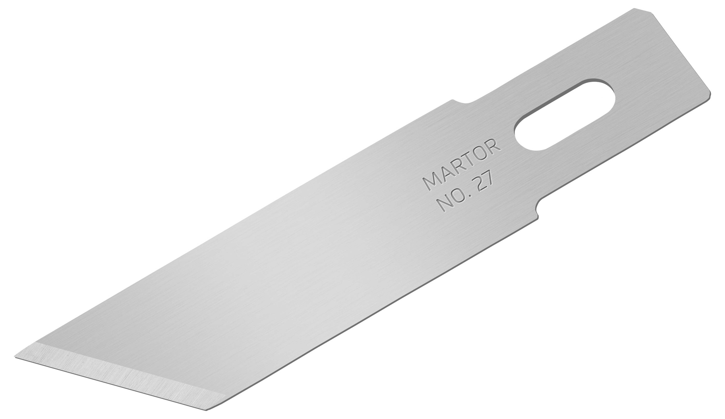 Ein silbernes Ersatzklingenblatt mit der Aufschrift 'Martor No. 27', scharfes Ende links.