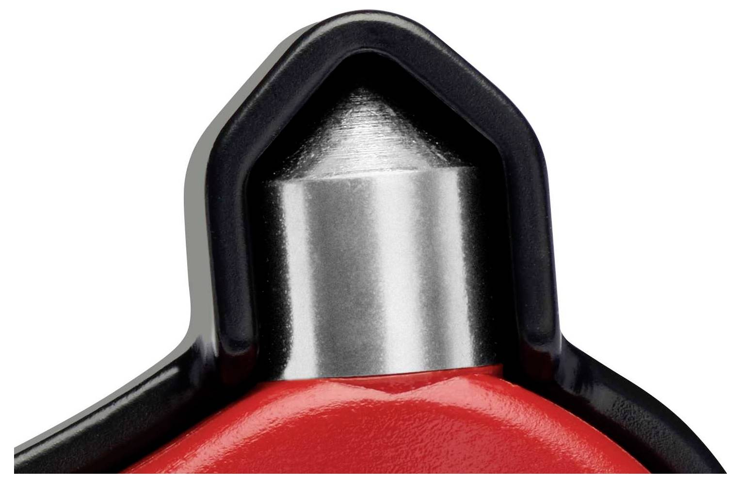 Nahaufnahme eines rot-schwarzen Werkzeugs mit einer spitz zulaufenden Metallspitze, möglicherweise für Kraftanwendungen.