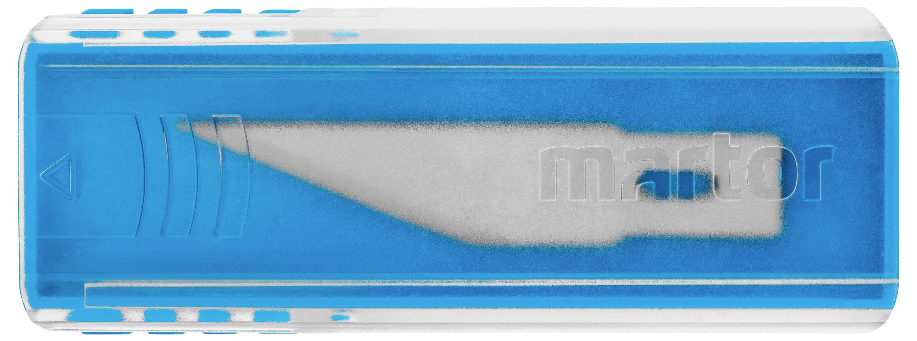 Ein Ersatzmesser in einer blauen Kunststoffbox, sichtbar durch eine transparente Abdeckung, zur sicheren Aufbewahrung und einfachen Entnahme.