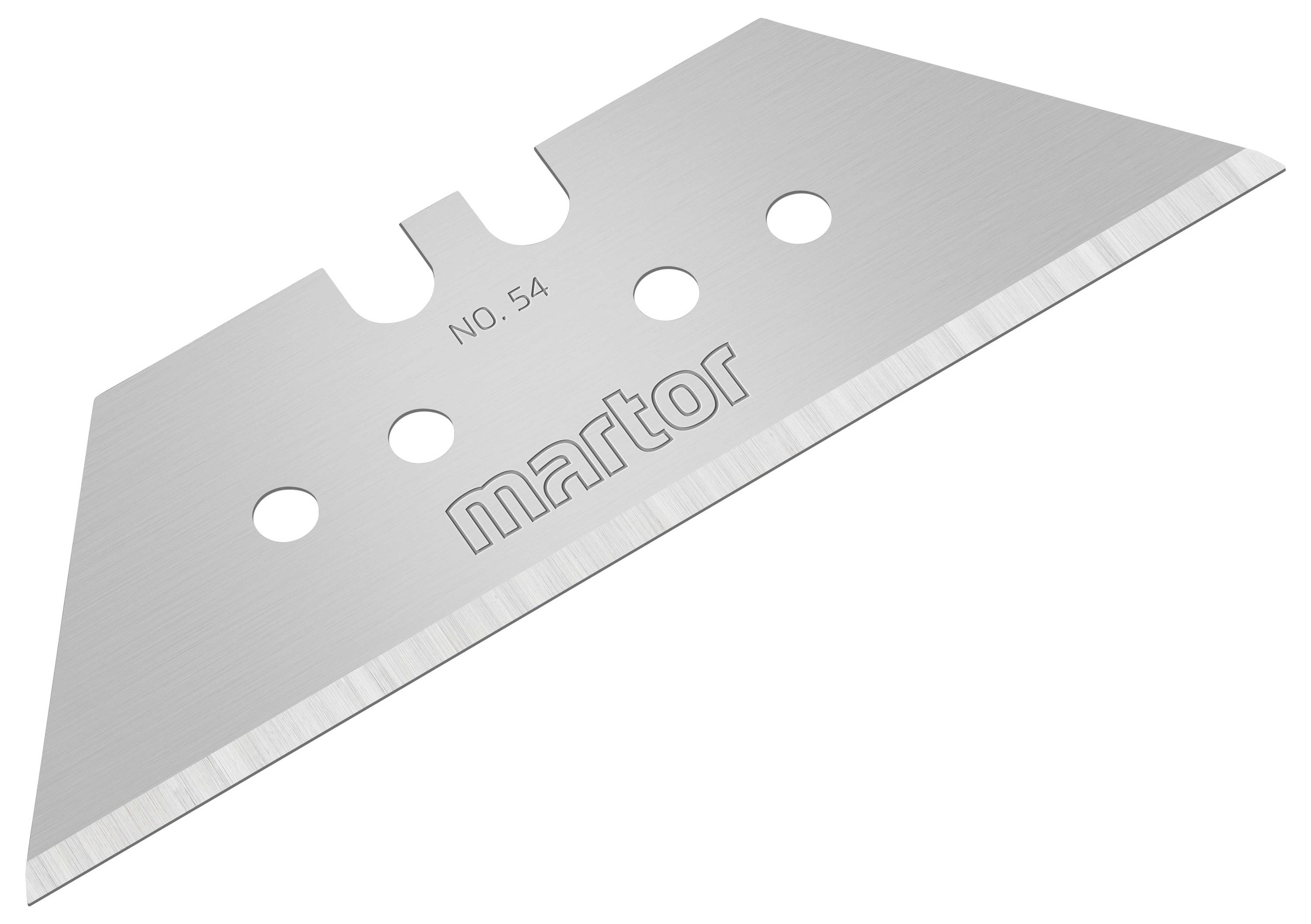 Klingenmesser mit der Aufschrift 'Martor' und 'No. 54'. Geeignet für Schneidarbeiten, mit zwei scharfen Kanten und drei Löchern.