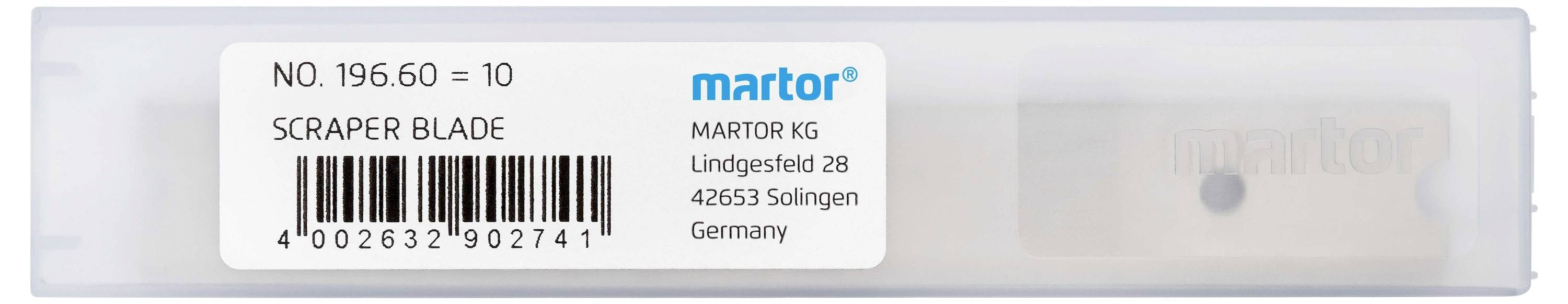 Schachtel mit 10 Martor-Klingen. Aufschrift: 'NO. 196.60 = 10 SCRAPER BLADE'. Adresse: Lindgesfeld 28, 42653 Solingen, Germany.
