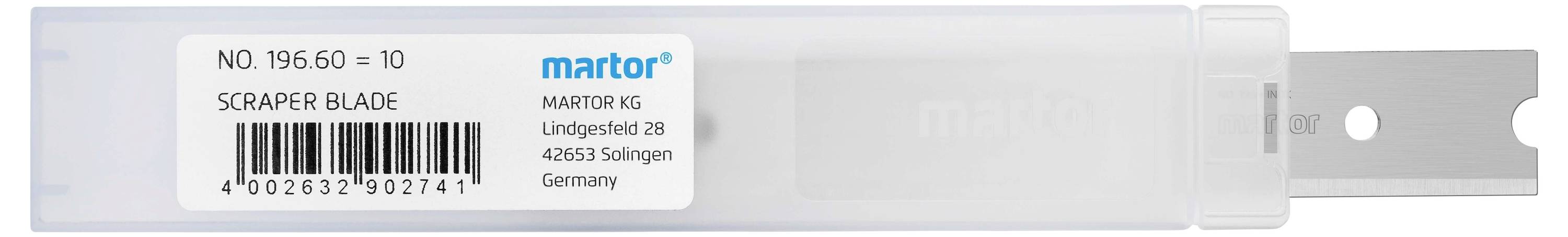 Kunststoffkartusche mit zehn Schaberklingen von Martor, Artikelnummer 196.60. Herstelleradresse und Barcode sind sichtbar.