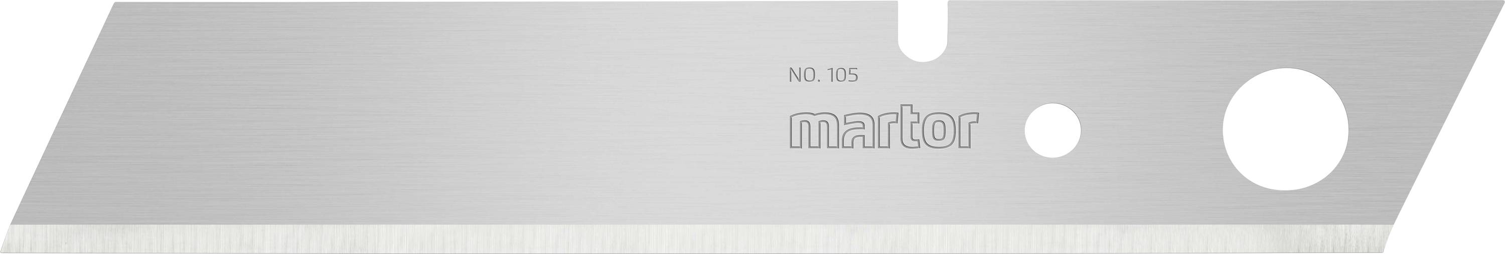 'Martor Nr. 105' Klinge mit silbernem Finish, mit runden Aussparungen für Sicherheit und Funktionalität.