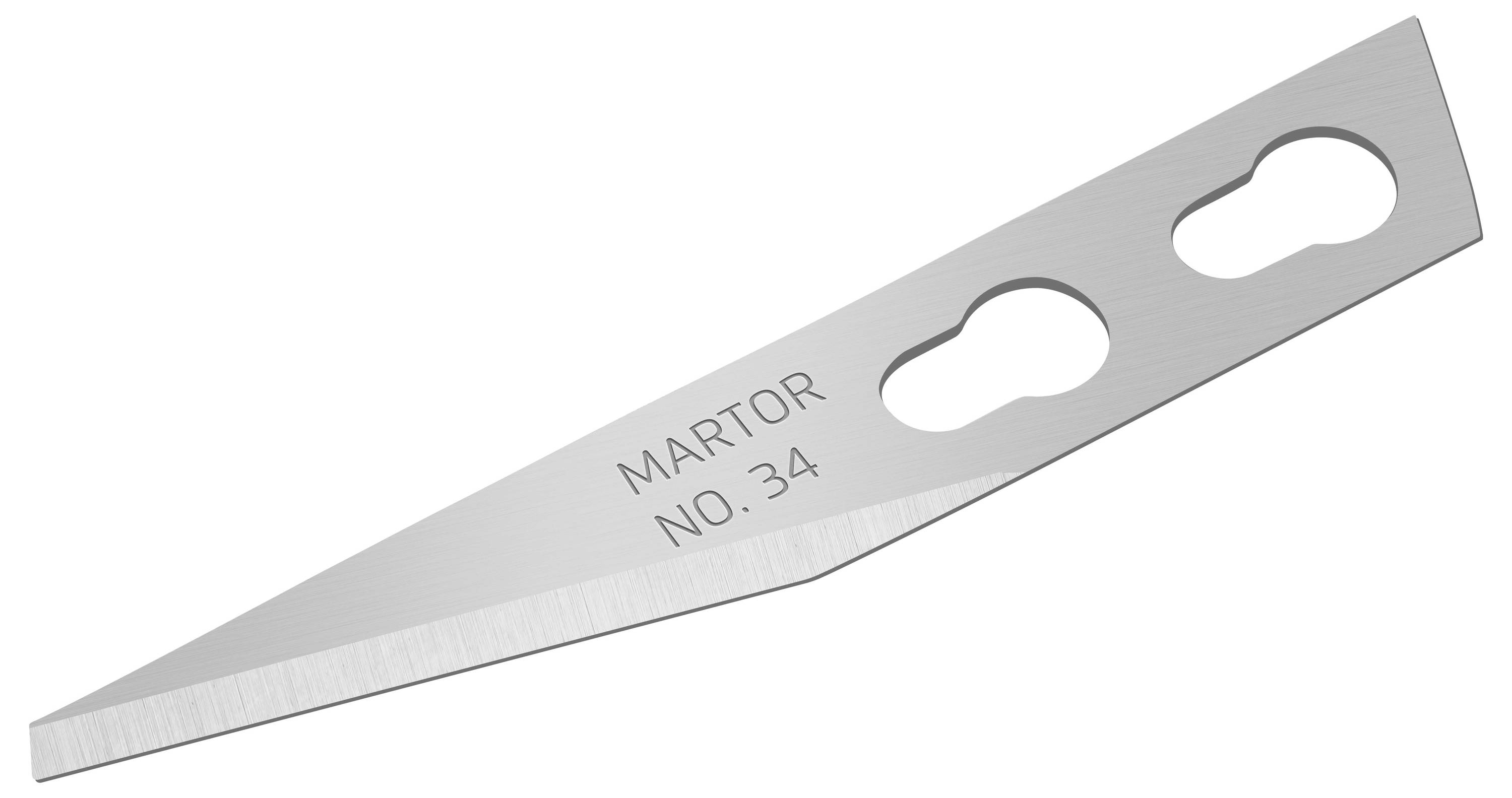 Silberne Klinge mit der Aufschrift 'MARTOR NO. 34', spitz zulaufend mit zwei ovalen Öffnungen. Geeignet für präzises Schneiden.
