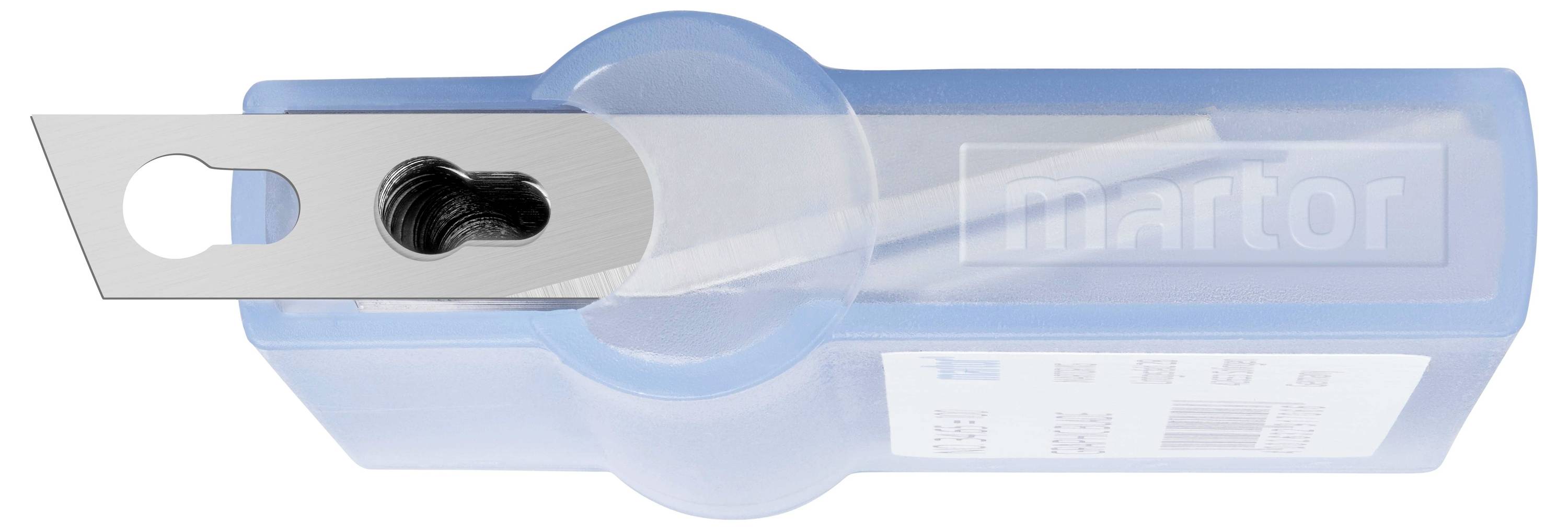 Ein hellblaues Behältnis mit einer Metallklinge auf der Oberseite. Im Hintergrund ist ein Logo oder Schrift in Weiß sichtbar.