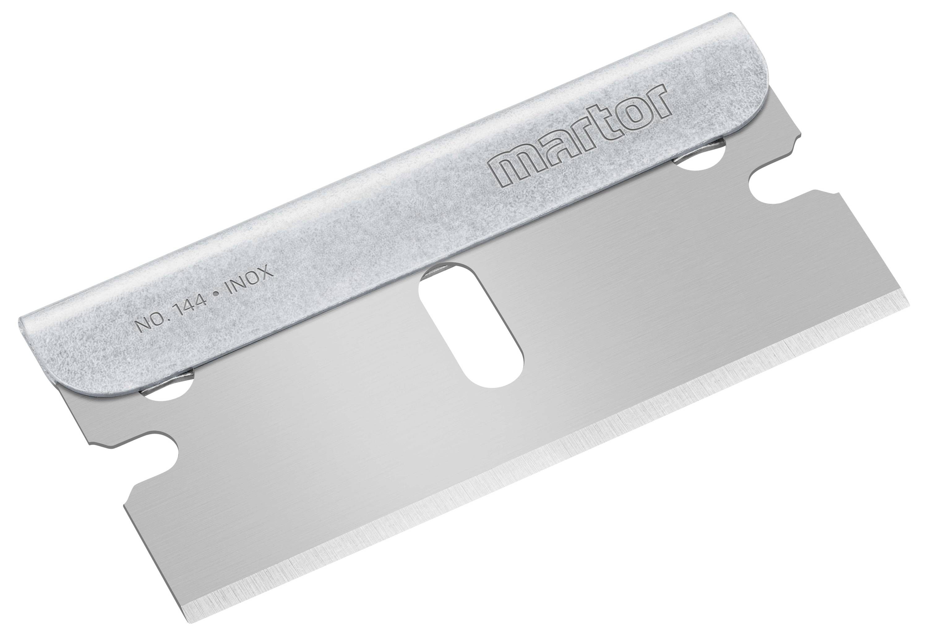 Ein einzelnes Rasierklingenmesser aus Metall mit der Aufschrift 'martor' und 'NO. 14A - INOX', geeignet für Schneidewerkzeuge.