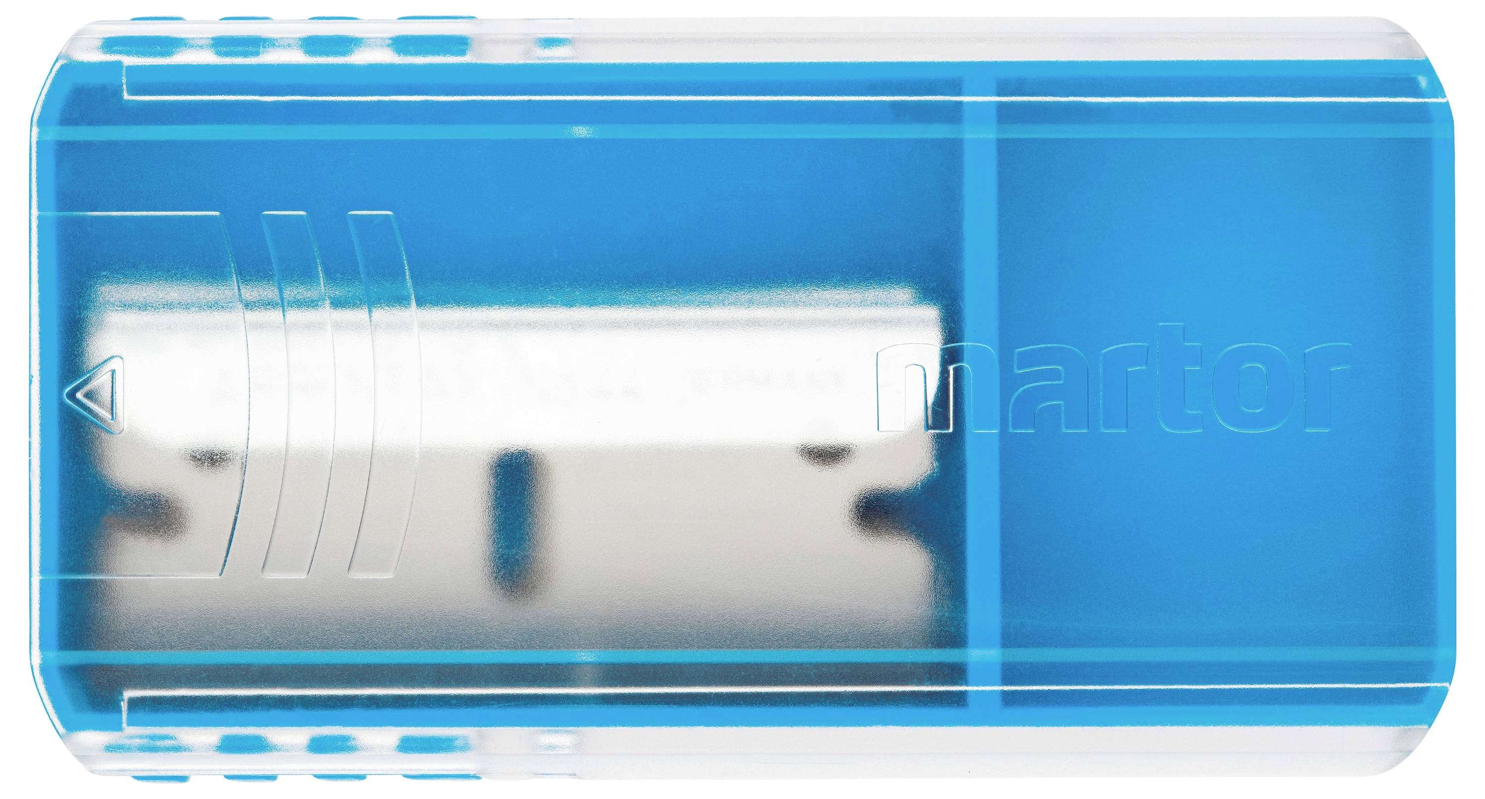 Ein blaues Sicherheitsmesser mit geschützter Klinge und rutschfesten Seiten für sicheres Schneiden.