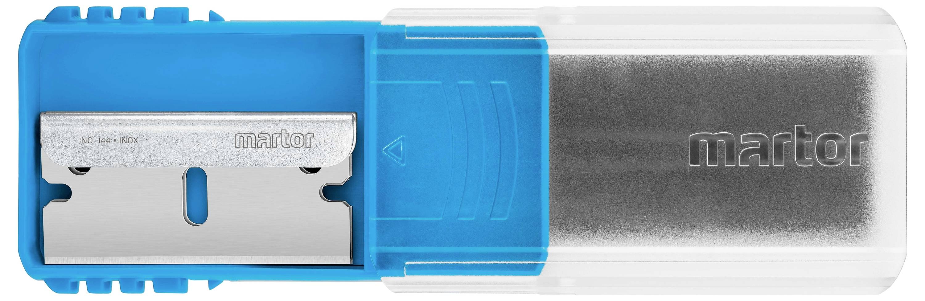 Ein blauer Kunststoffhalter, der eine metallene Sicherheitsklinge hält, mit der Aufschrift 'martor' auf dem Griffteil.