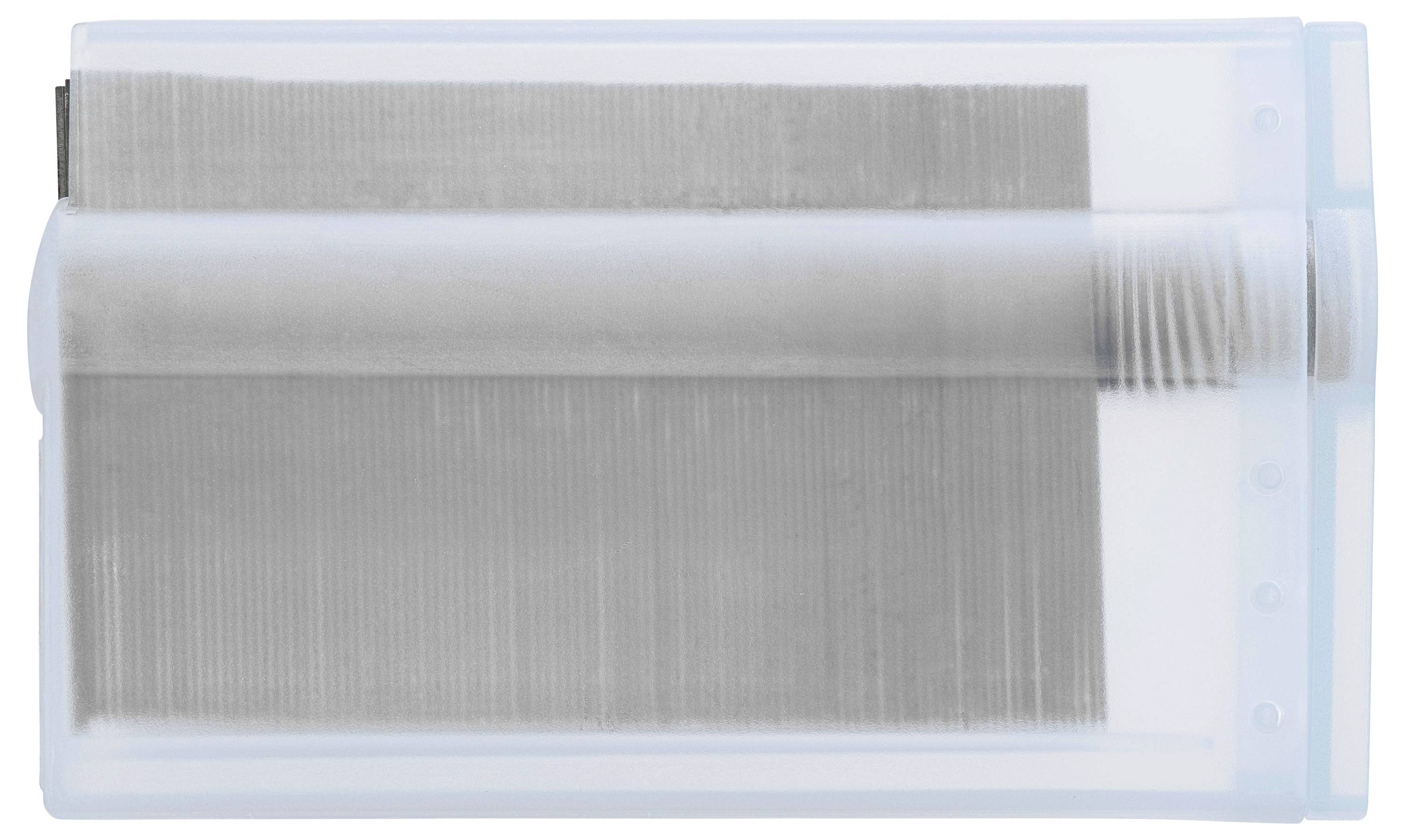 Eine geschlossene, transparente Vorratsbox mit gerillter Papierrolle im Inneren, möglicherweise ein Papierhandtuchspender.