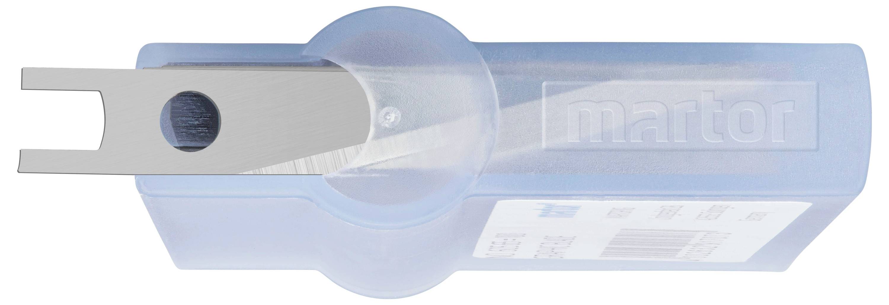 Blauer Kunststoffbehälter mit eingebautem grauen Metallschneider, 'martor' Beschriftung sichtbar auf der Seite.