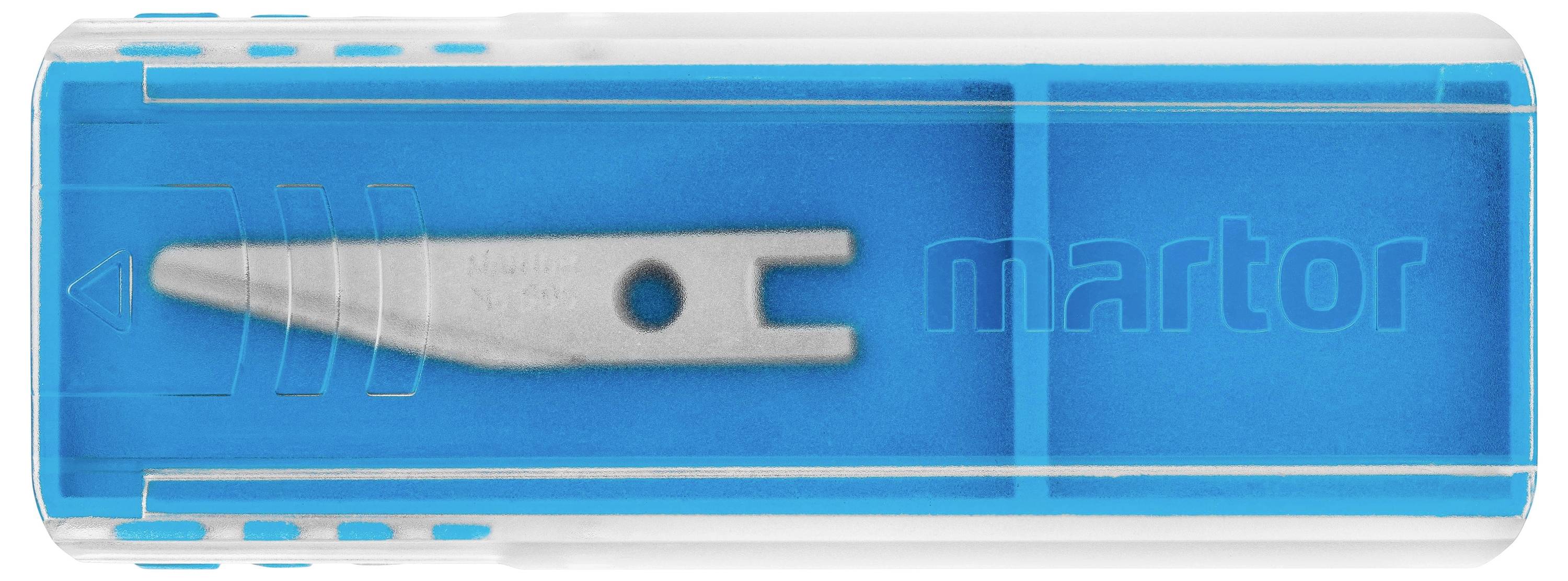 Ein blauer Martor-Klingenspender mit einer sichtbaren Ersatzklinge in der Mitte, umgeben von einem durchsichtigem Gehäuse.