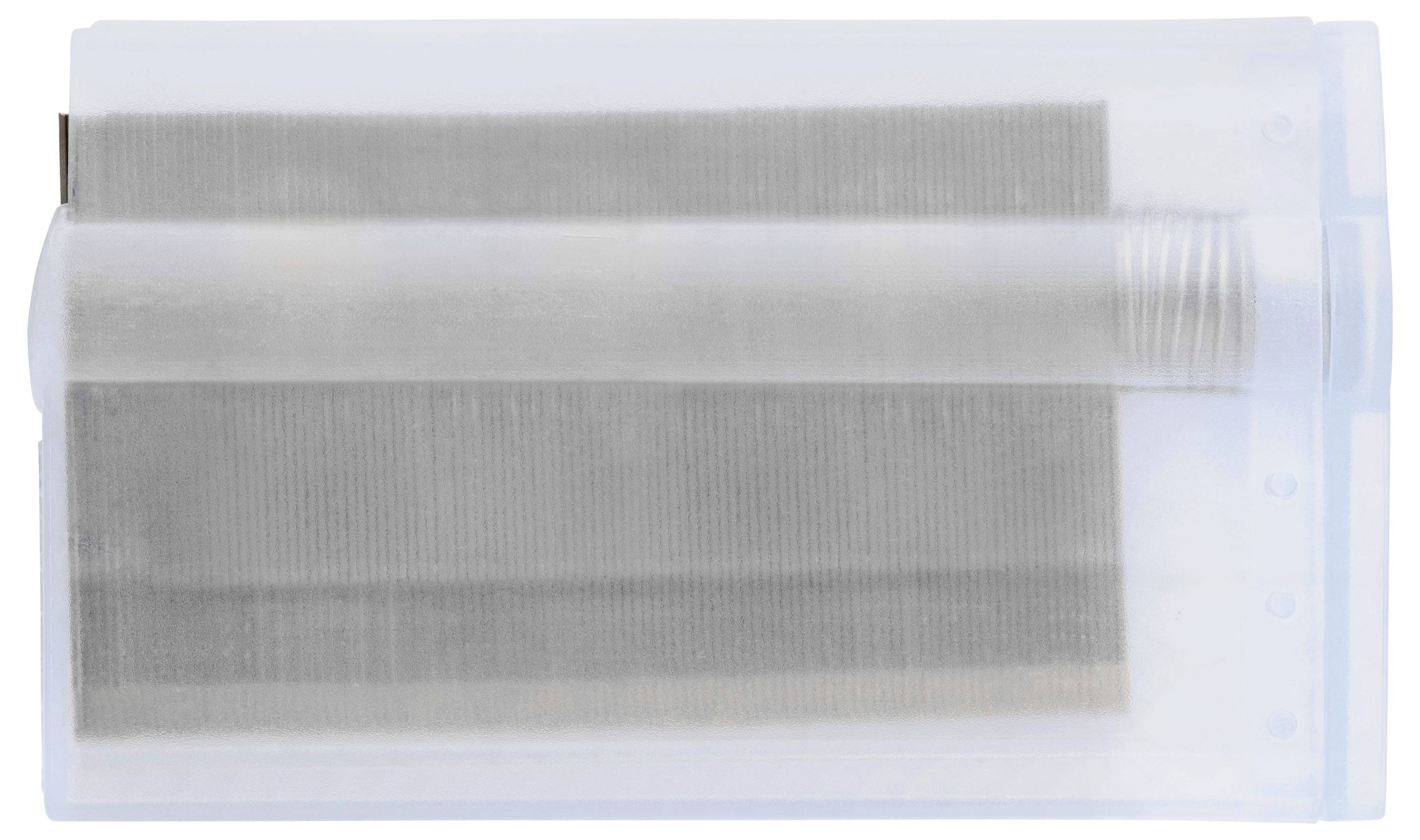 Ein leerer Staubsaugerfilter mit transparentem Gehäuse und sichtbarem Filtermaterial, bereit für den Austausch in einem Staubsauger.