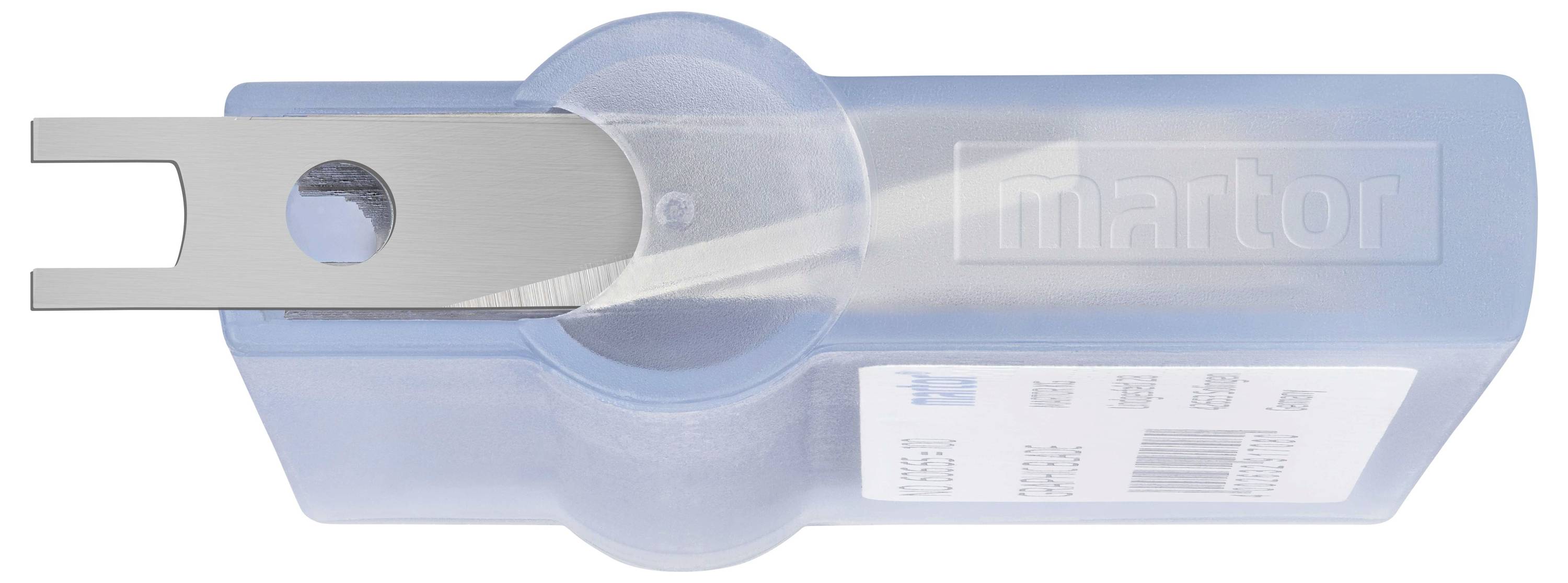 Ein blauer Sicherheitsmesserhalter mit einem metallischen Klingenschieber und einem Aufkleber darauf, der einen Barcode zeigt.