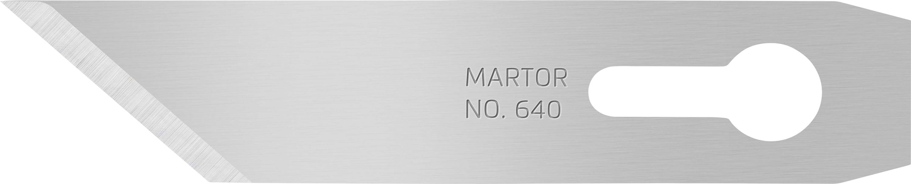 Metallklinge mit Aufschrift 'Martor No. 640', die eine scharfkantige Schneide zeigt.