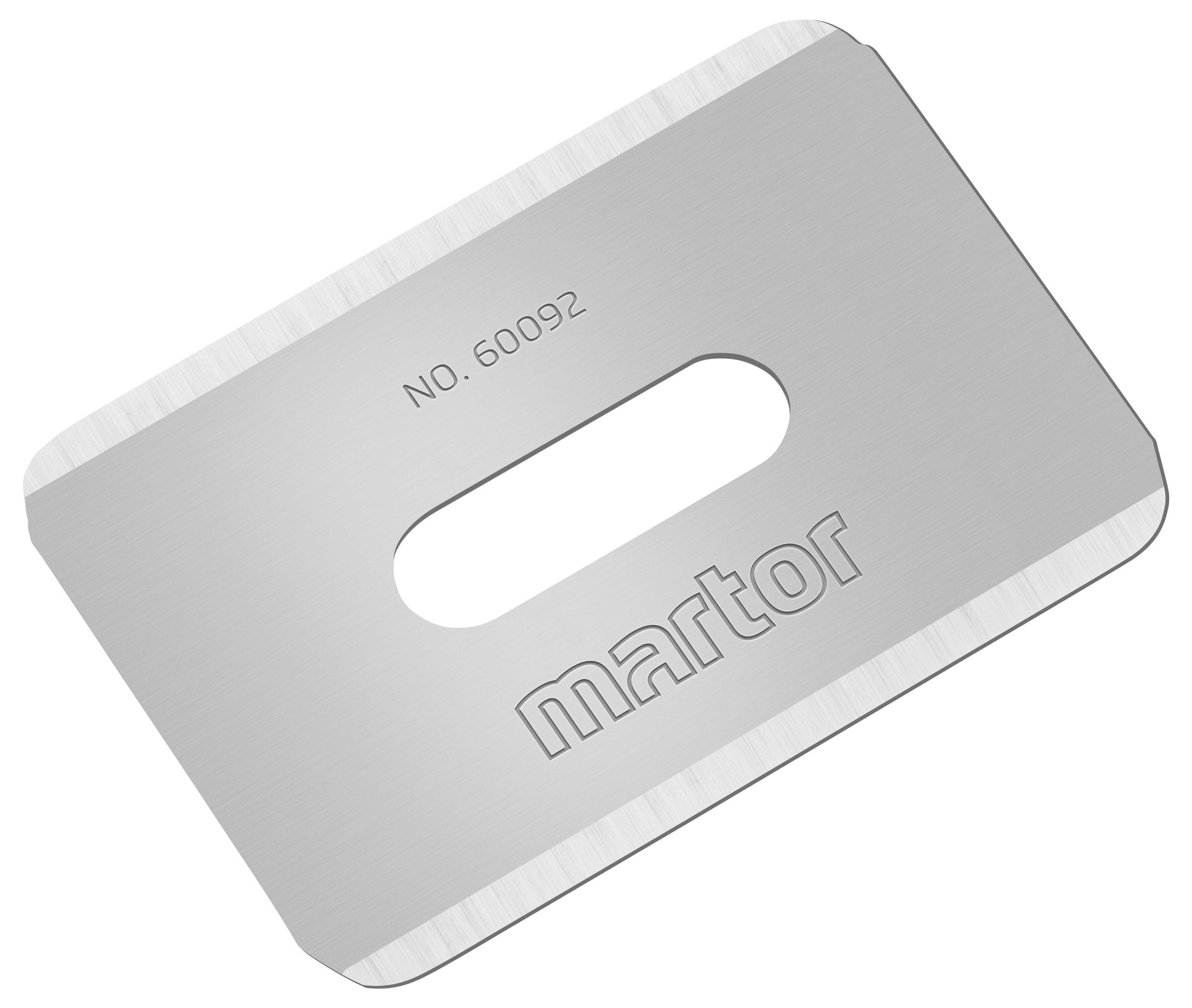 Metallklinge mit der Aufschrift 'martor' und der Nummer '60092', abgerundete Ecken und mittigem Schlitz.