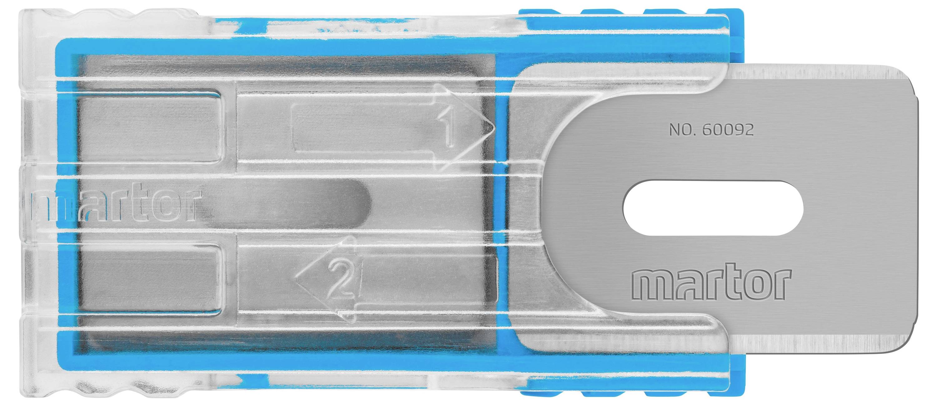 Transparentes Kunststoffgehäuse eines Sicherheitsmessers mit sichtbarer Klinge. Klinge aus Metall, Gehäuse teils blau eingefärbt.